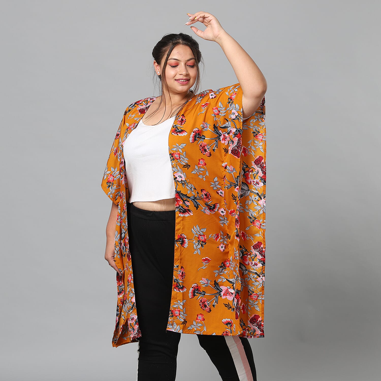 Multi Colour Floral Print Bohemian Look Long Kimono in Camel (Size up to 20)