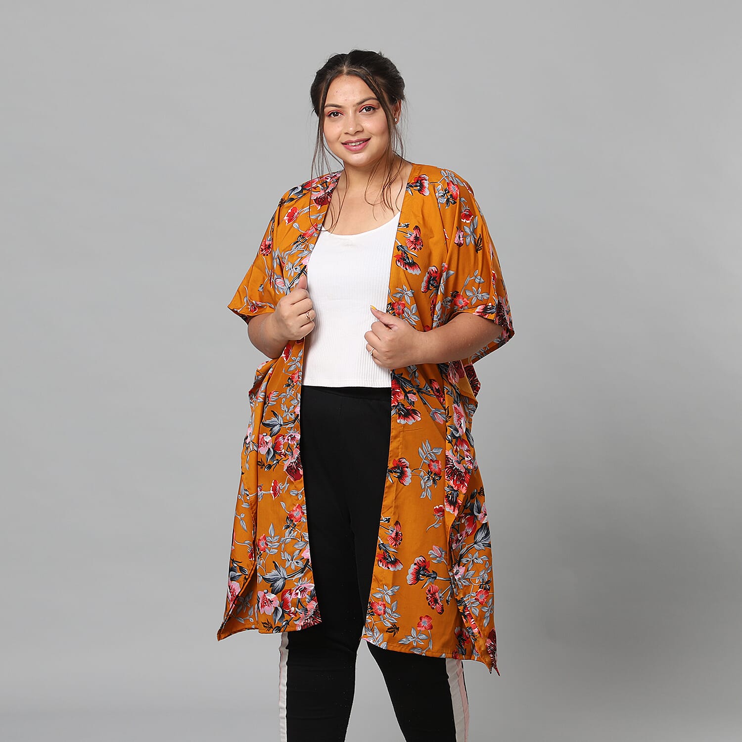 Multi Colour Floral Print Bohemian Look Long Kimono in Camel (Size up to 20)