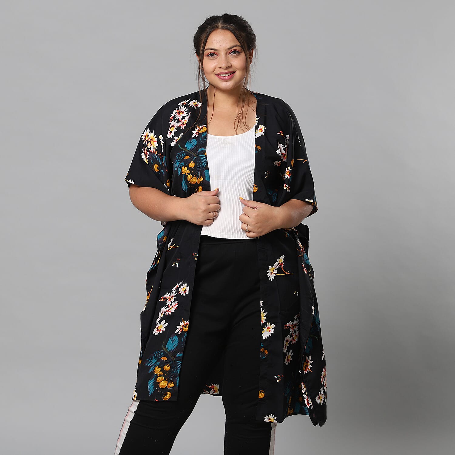 Multi Colour Floral Print Bohemian Look Long Kimono in Black (Size up to 22)