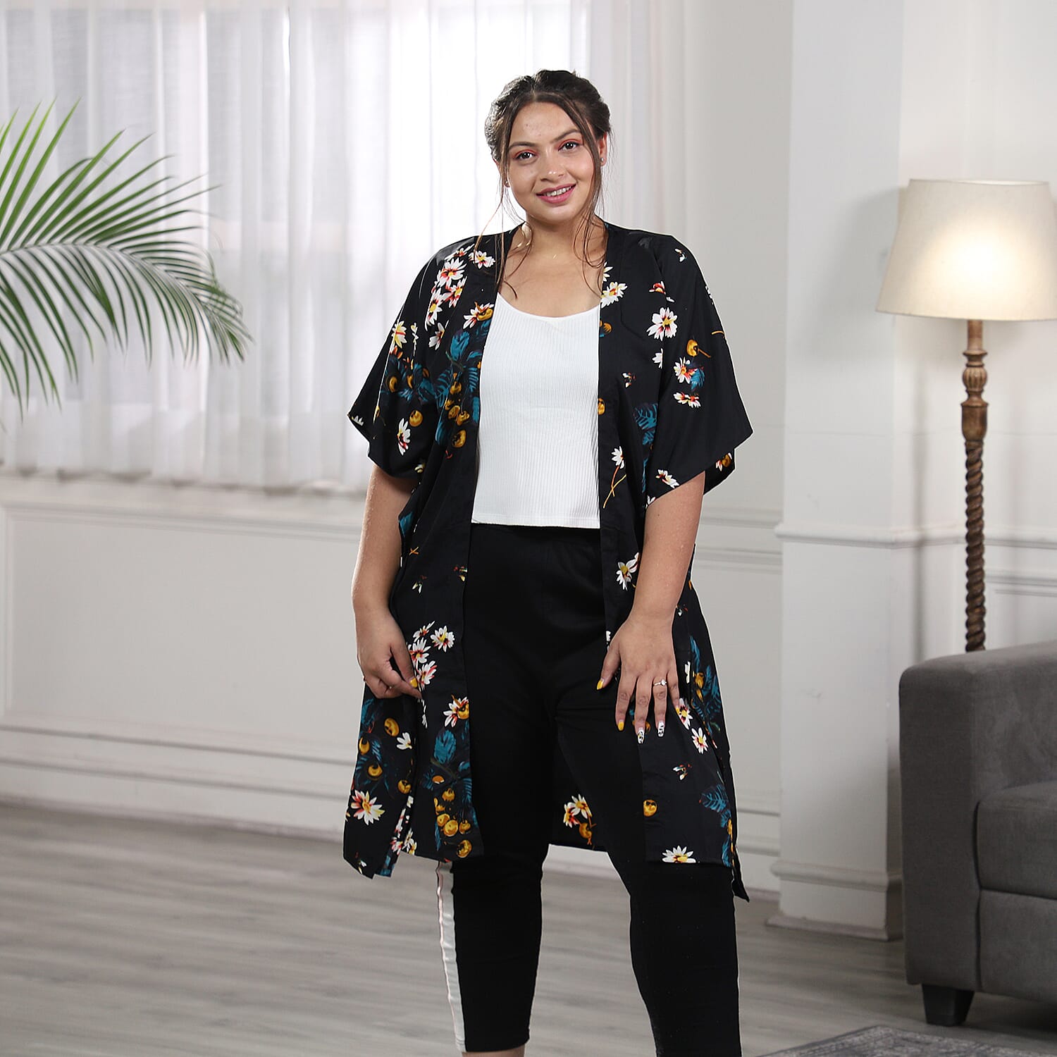 Multi Colour Floral Print Bohemian Look Long Kimono in Black (Size up to 22)