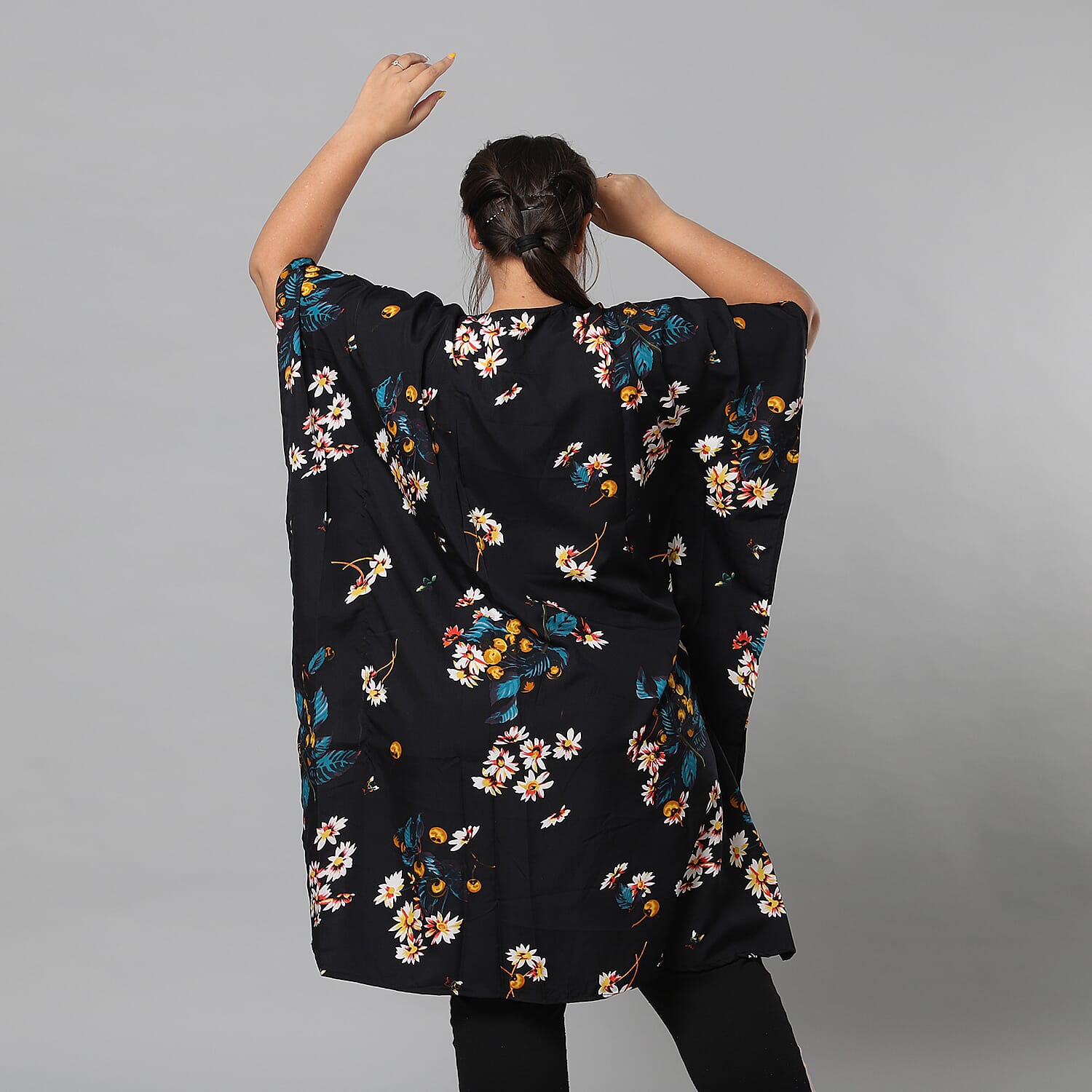 Multi Colour Floral Print Bohemian Look Long Kimono in Black (Size up to 22)