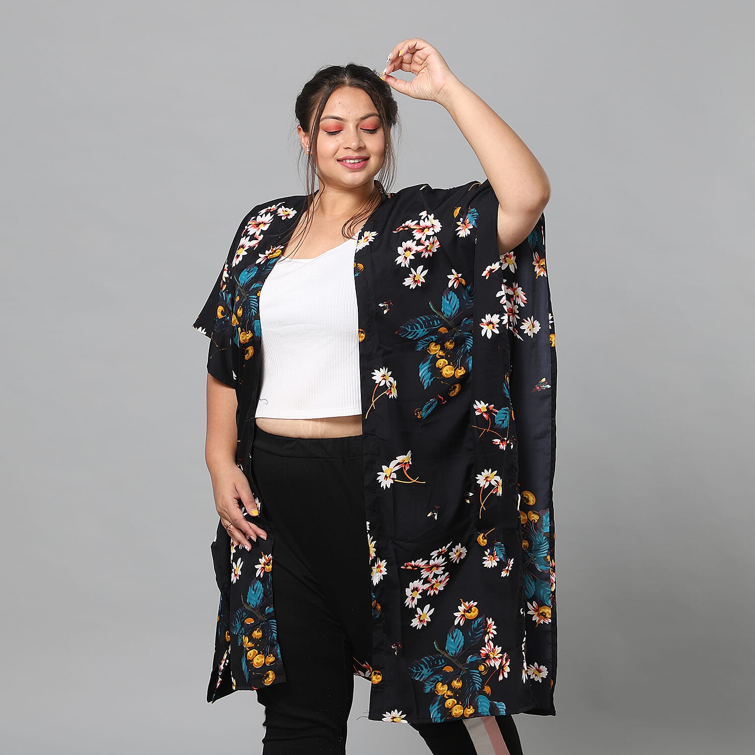 Multi Colour Floral Print Bohemian Look Long Kimono in Black (Size up to 22)