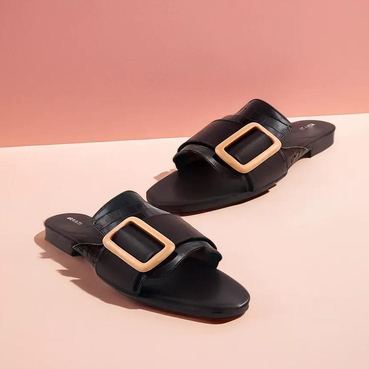 Inyati - NATALIE Black Croc Finish Sandals with Statement Buckle (Size 4)