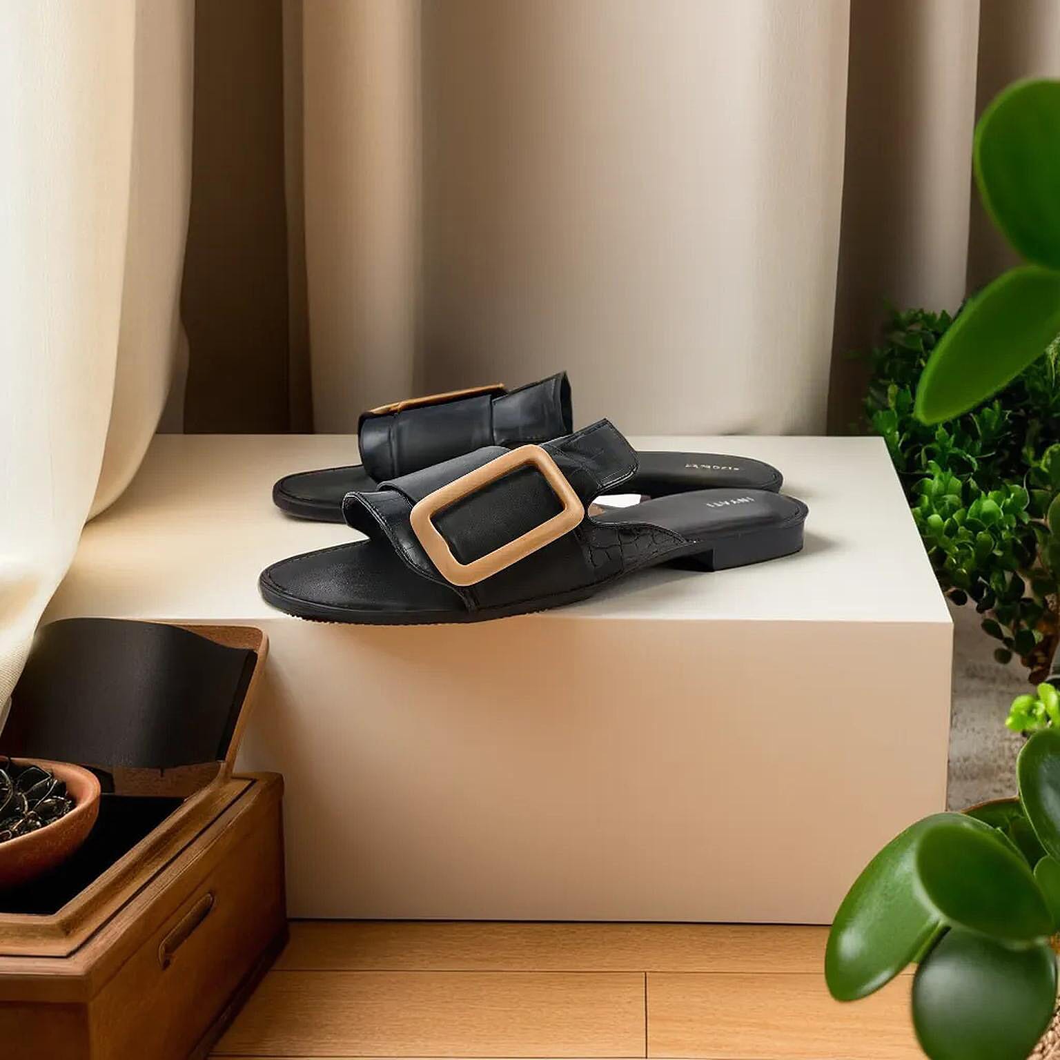 Inyati - NATALIE Black Croc Finish Sandals with Statement Buckle (Size 4)