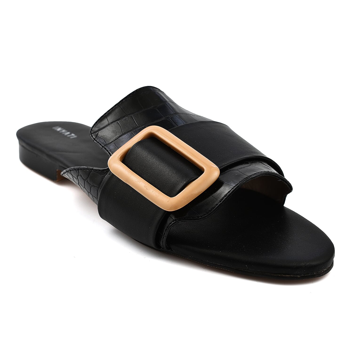 Inyati - NATALIE Black Croc Finish Sandals with Statement Buckle (Size 4)