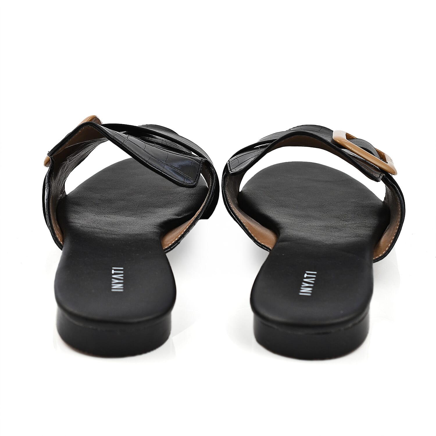 Inyati - NATALIE Black Croc Finish Sandals with Statement Buckle (Size 4)