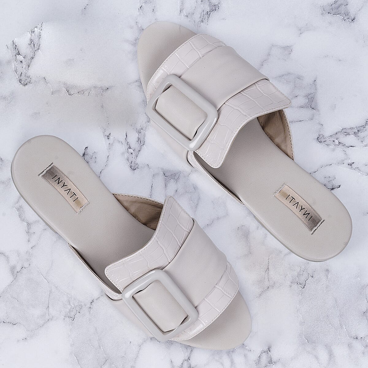 Inyati - NATALIE Black Croc Finish Sandals with Statement Buckle (Size 4)