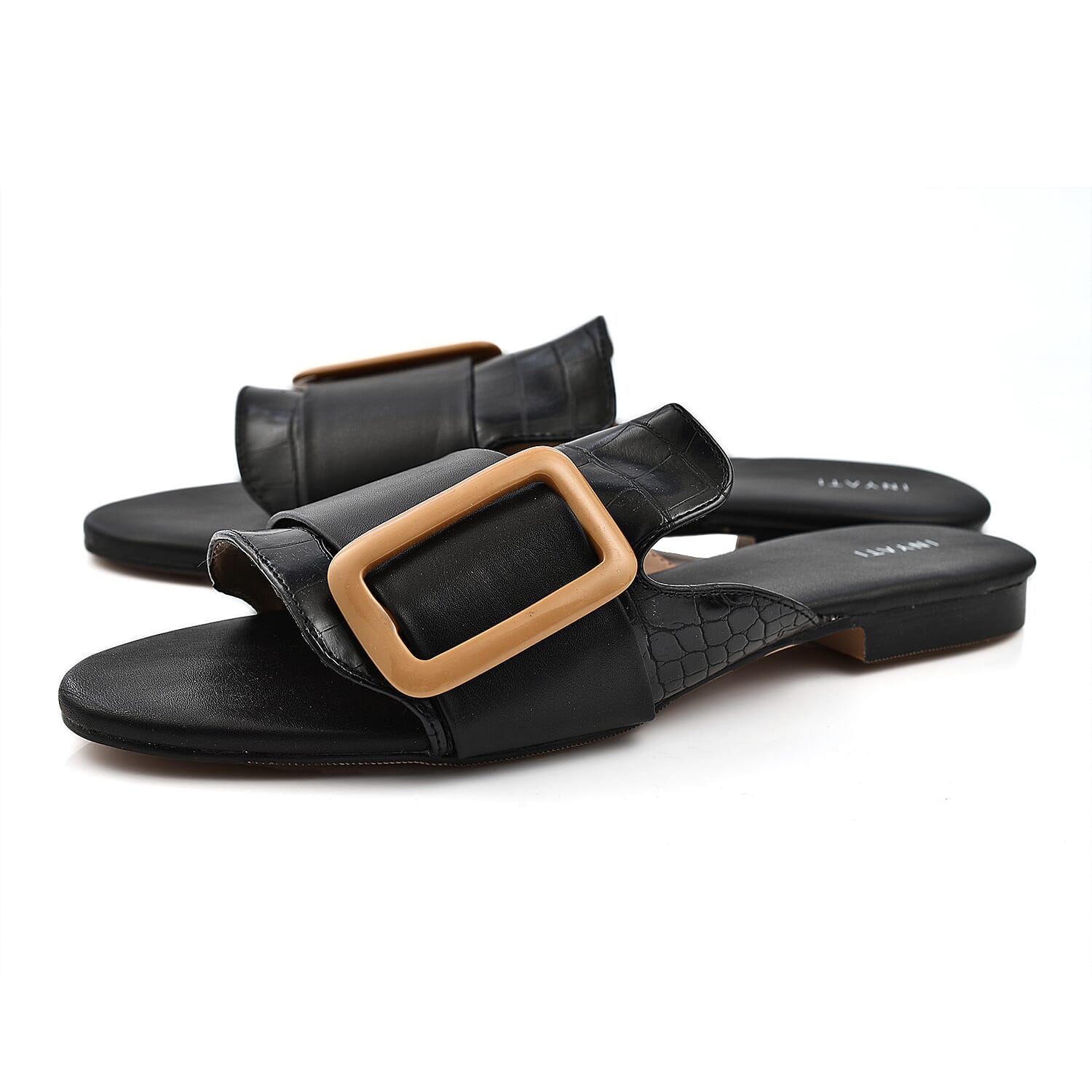 Inyati - NATALIE Black Croc Finish Sandals with Statement Buckle (Size 6)