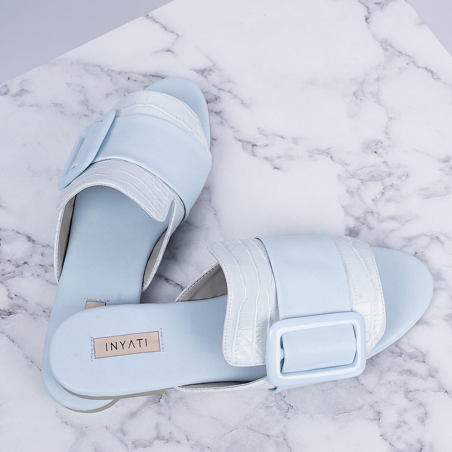 Inyati - NATALIE Black Croc Finish Sandals with Statement Buckle (Size 4)