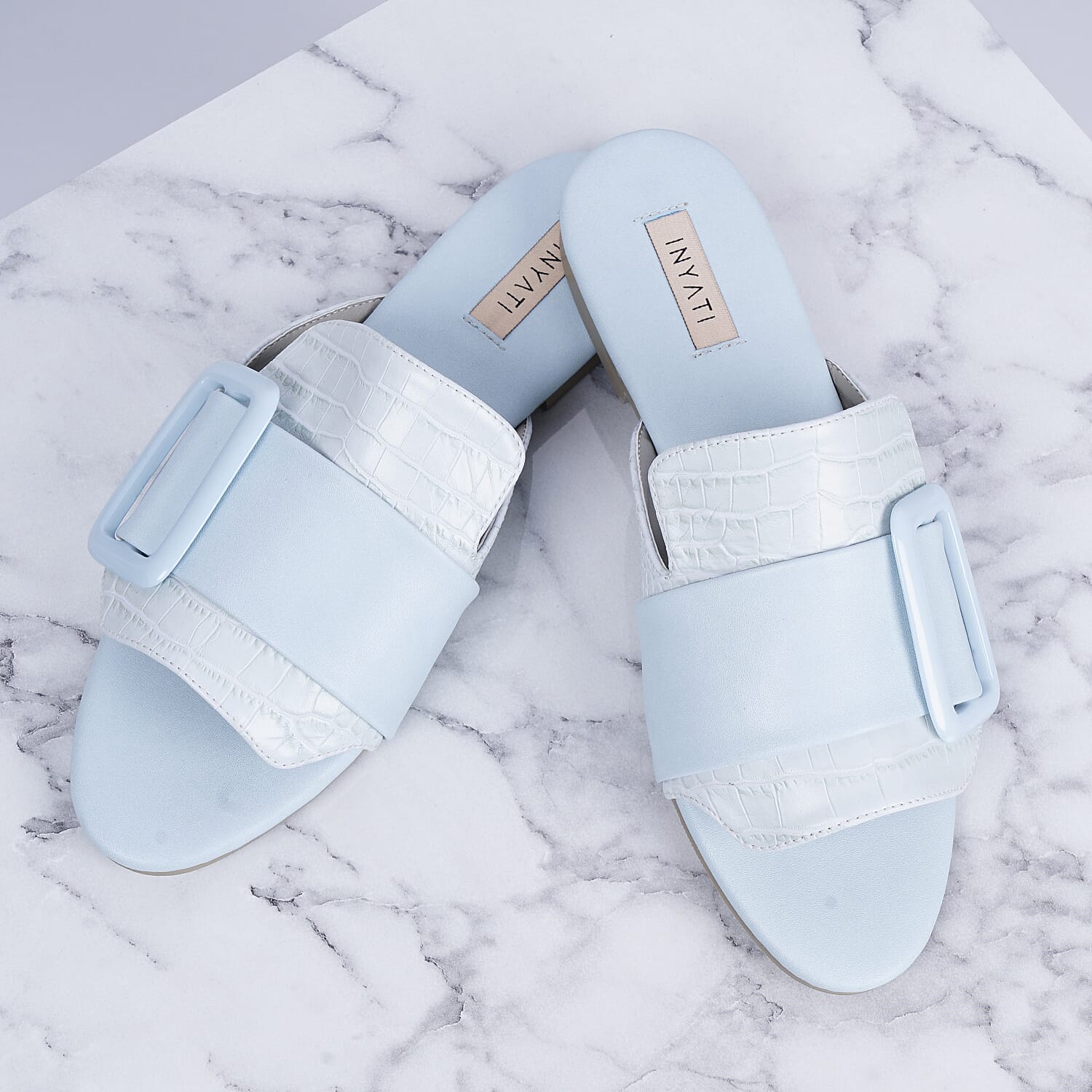 Inyati - NATALIE Black Croc Finish Sandals with Statement Buckle (Size 4)