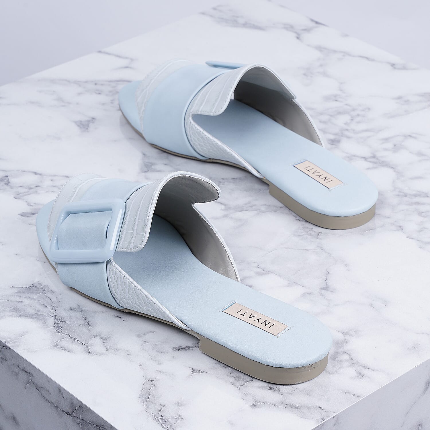 Inyati - NATALIE Black Croc Finish Sandals with Statement Buckle (Size 4)