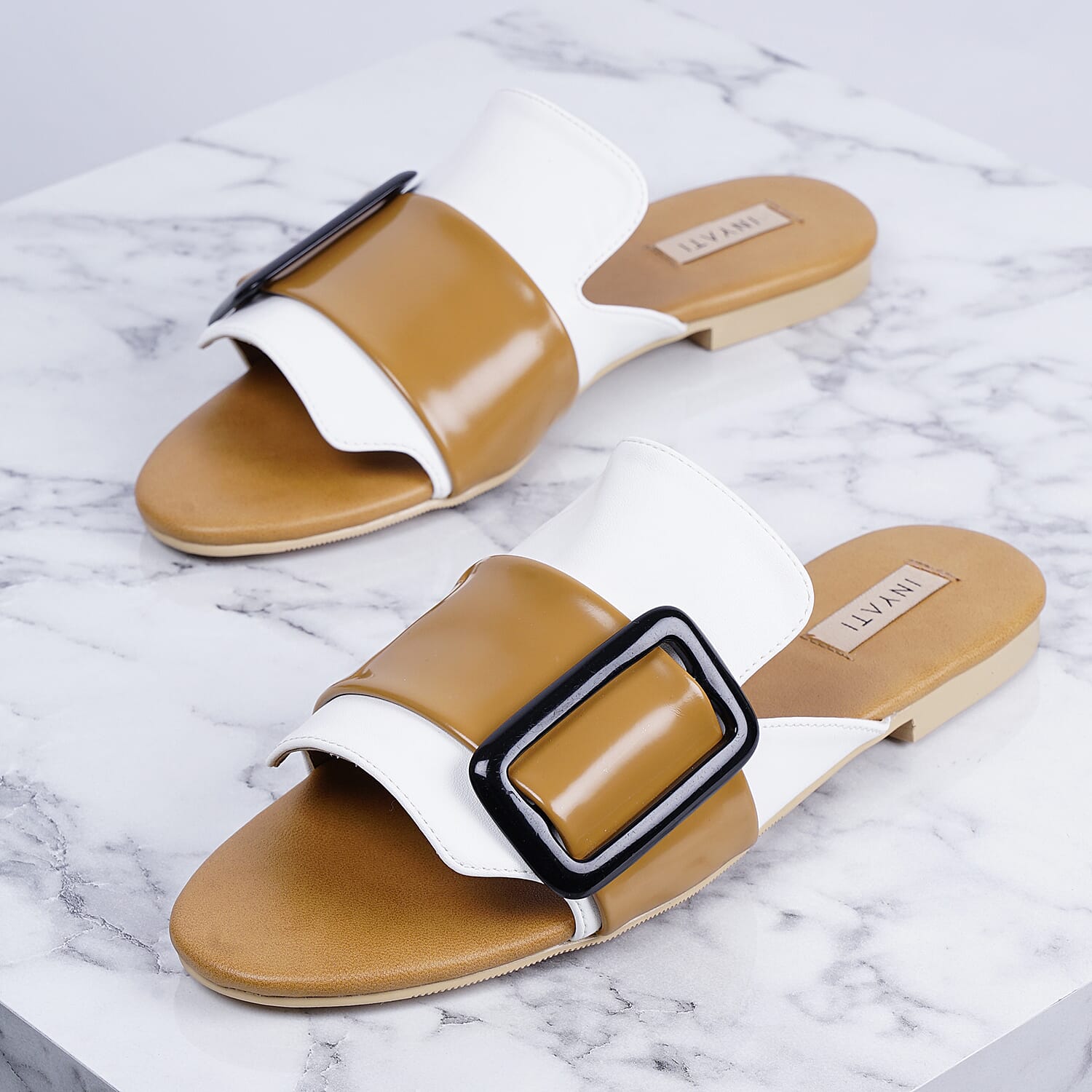 Inyati - NATALIE Black Croc Finish Sandals with Statement Buckle (Size 4)