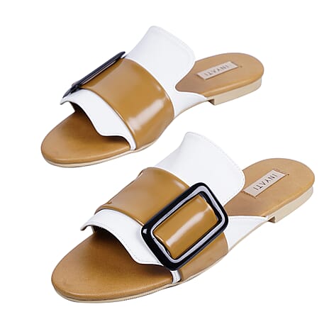 Inyati - NATALIE White and Tan Gloss Finish Sandals with Statement Buckle (Size 8)