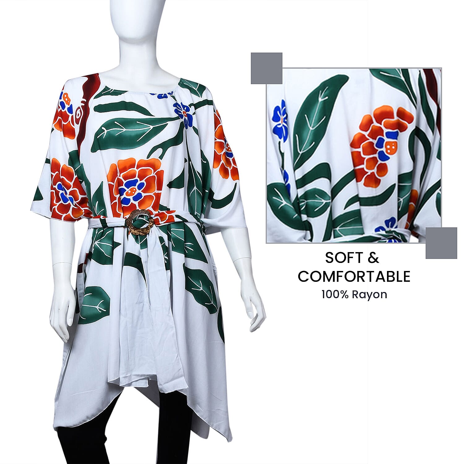 Bali Collection 100% Rayon Women Floral Pattern Midi Dress (Size 8-20) - White and Multi