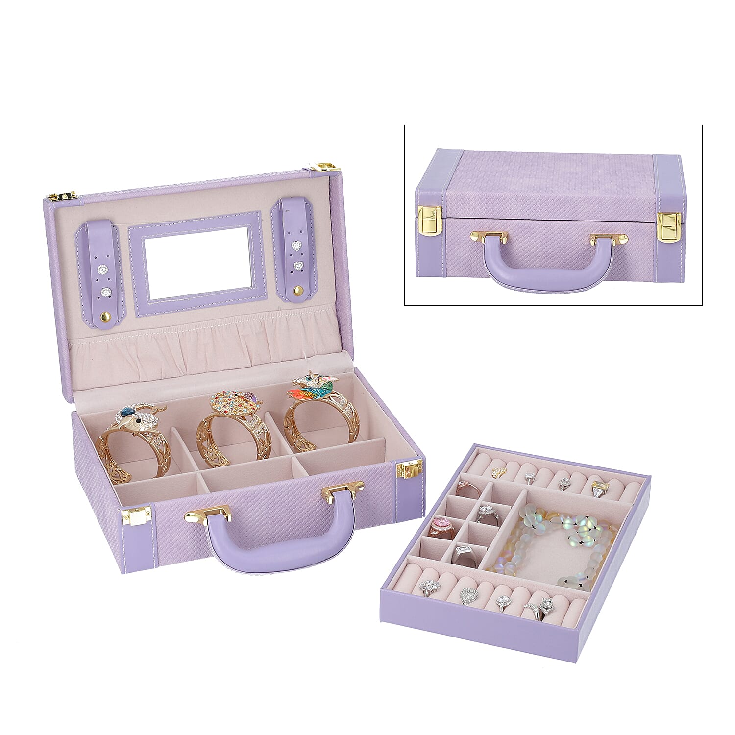2 Layer - Portable Woven Pattern Jewellery Box with Mirror & Clasp Lock(Can Store Rings, Bracelets,Earrings) - Lilac