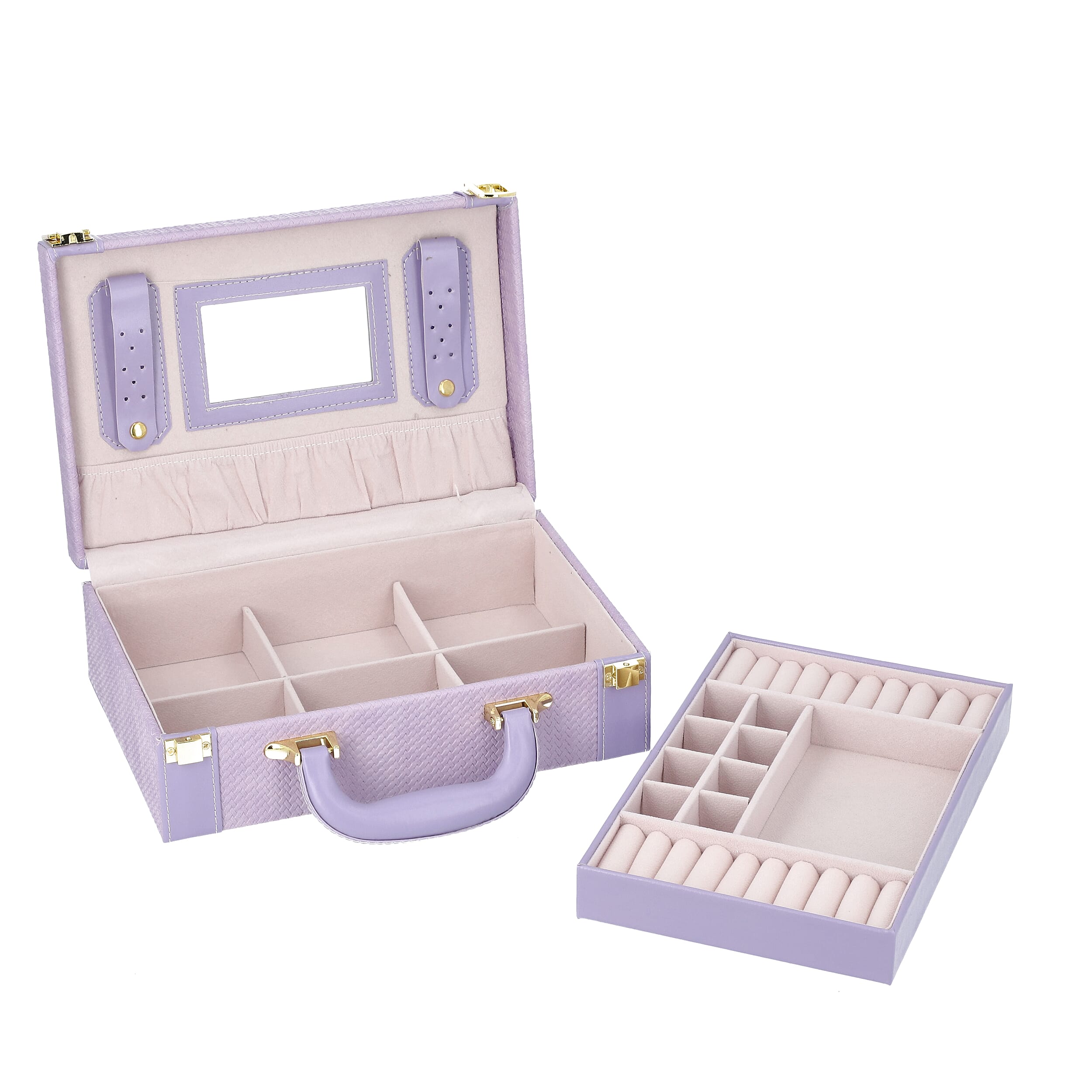 2 Layer - Portable Woven Pattern Jewellery Box with Mirror & Clasp Lock(Can Store Rings, Bracelets,Earrings) - Lilac
