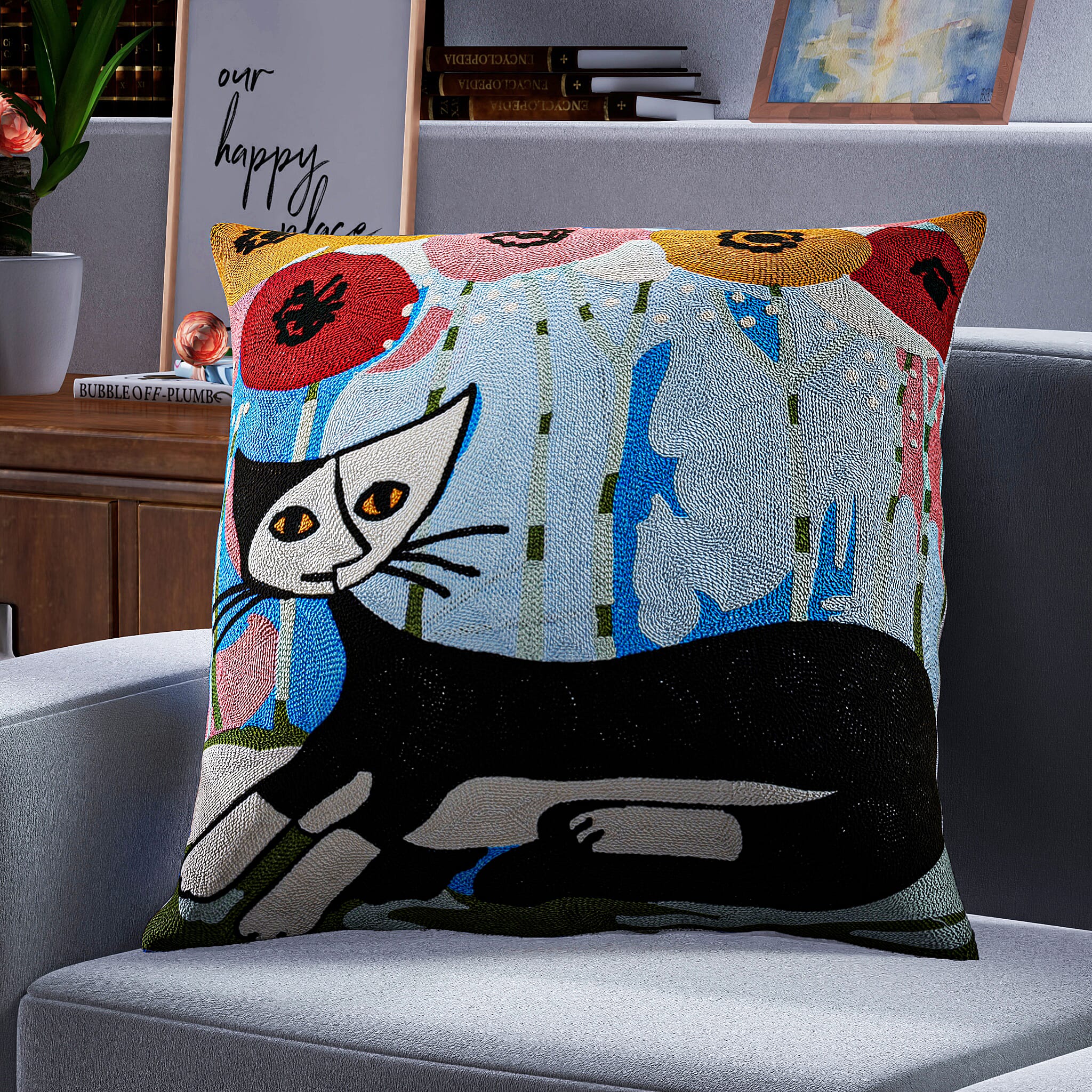 100% Cotton Fully Embroidered One Cat Cushion Cover with Zipper Closure (Size 45 cm) - Black & Multi