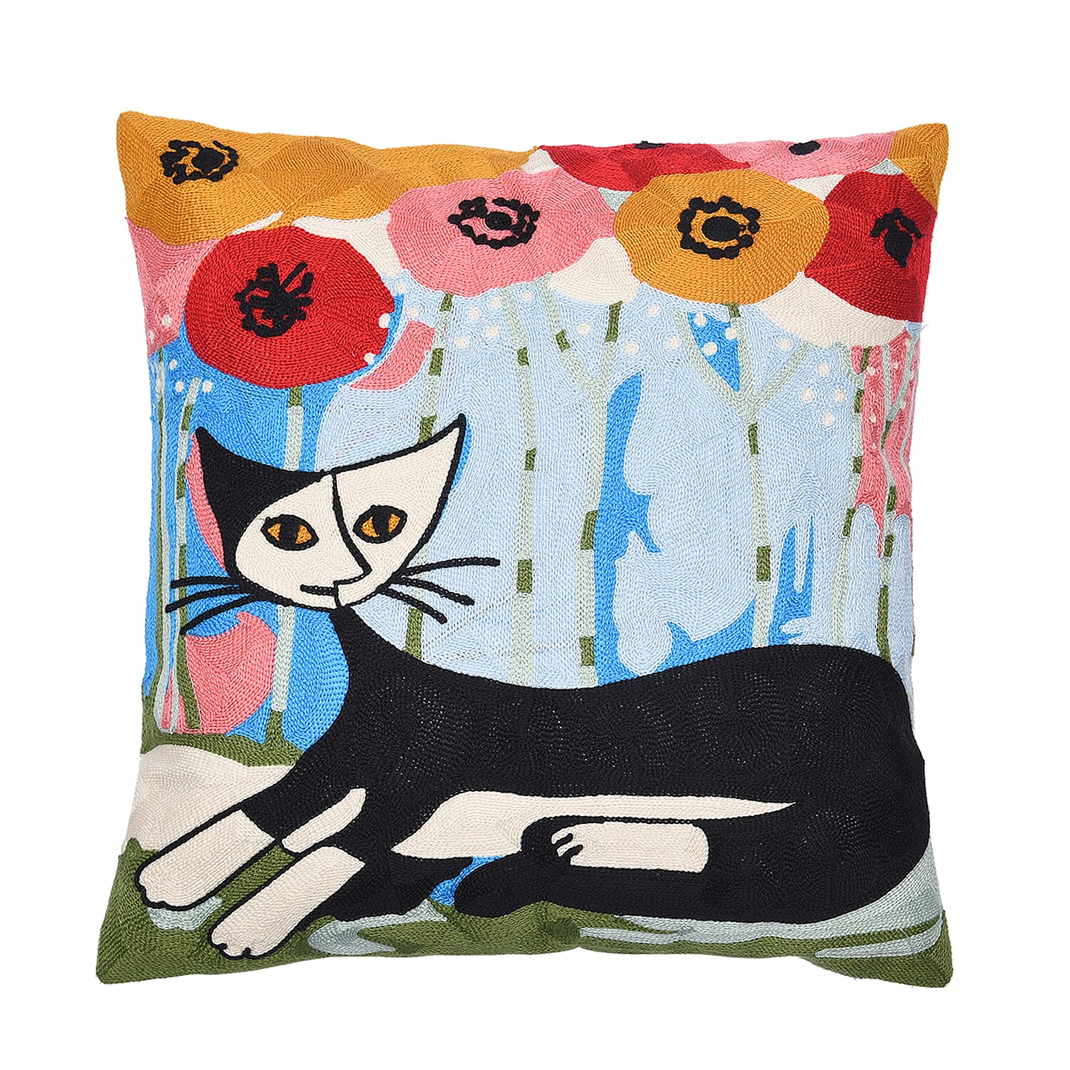 100% Cotton Fully Embroidered One Cat Cushion Cover with Zipper Closure (Size 45 cm) - Black & Multi