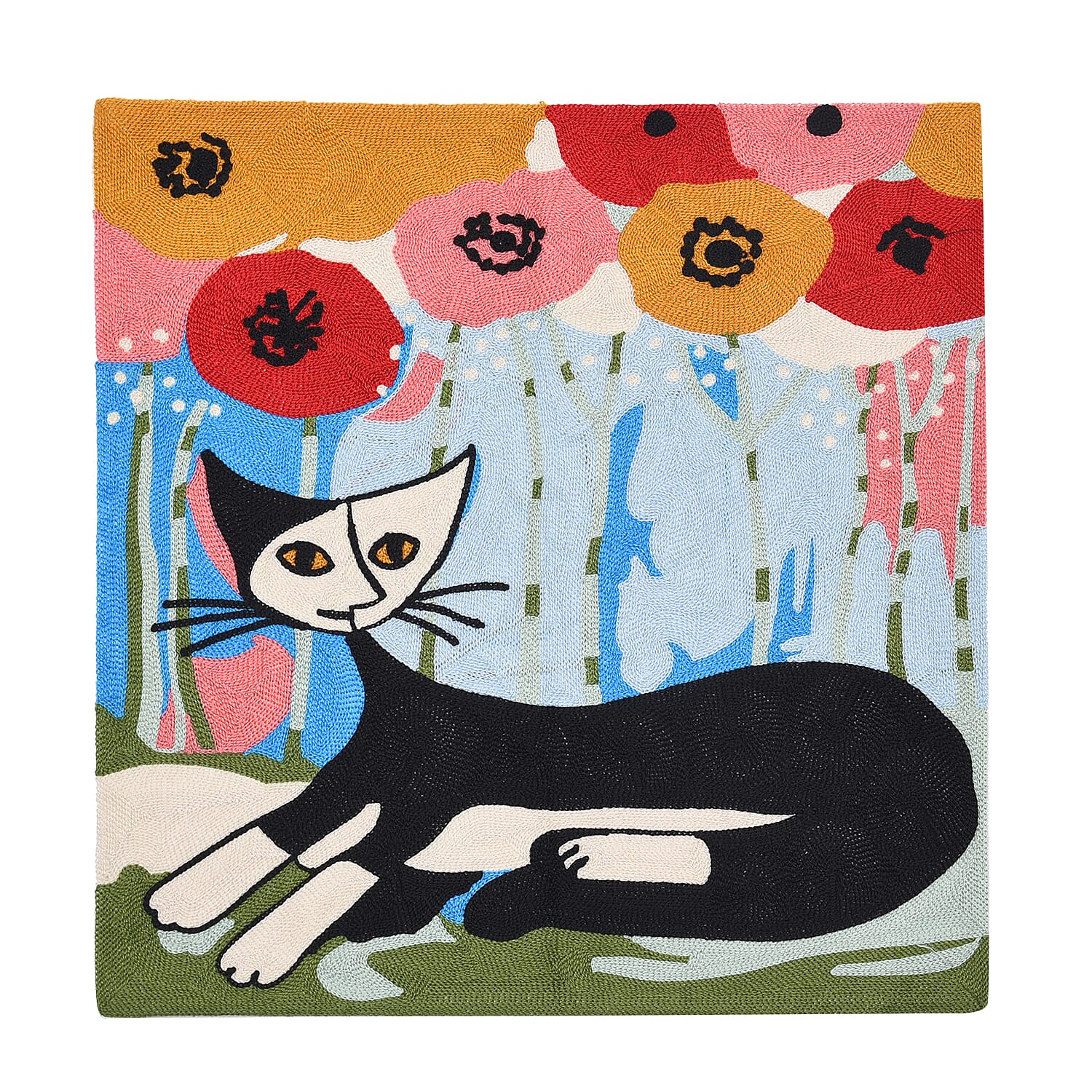 100% Cotton Fully Embroidered One Cat Cushion Cover with Zipper Closure (Size 45 cm) - Black & Multi