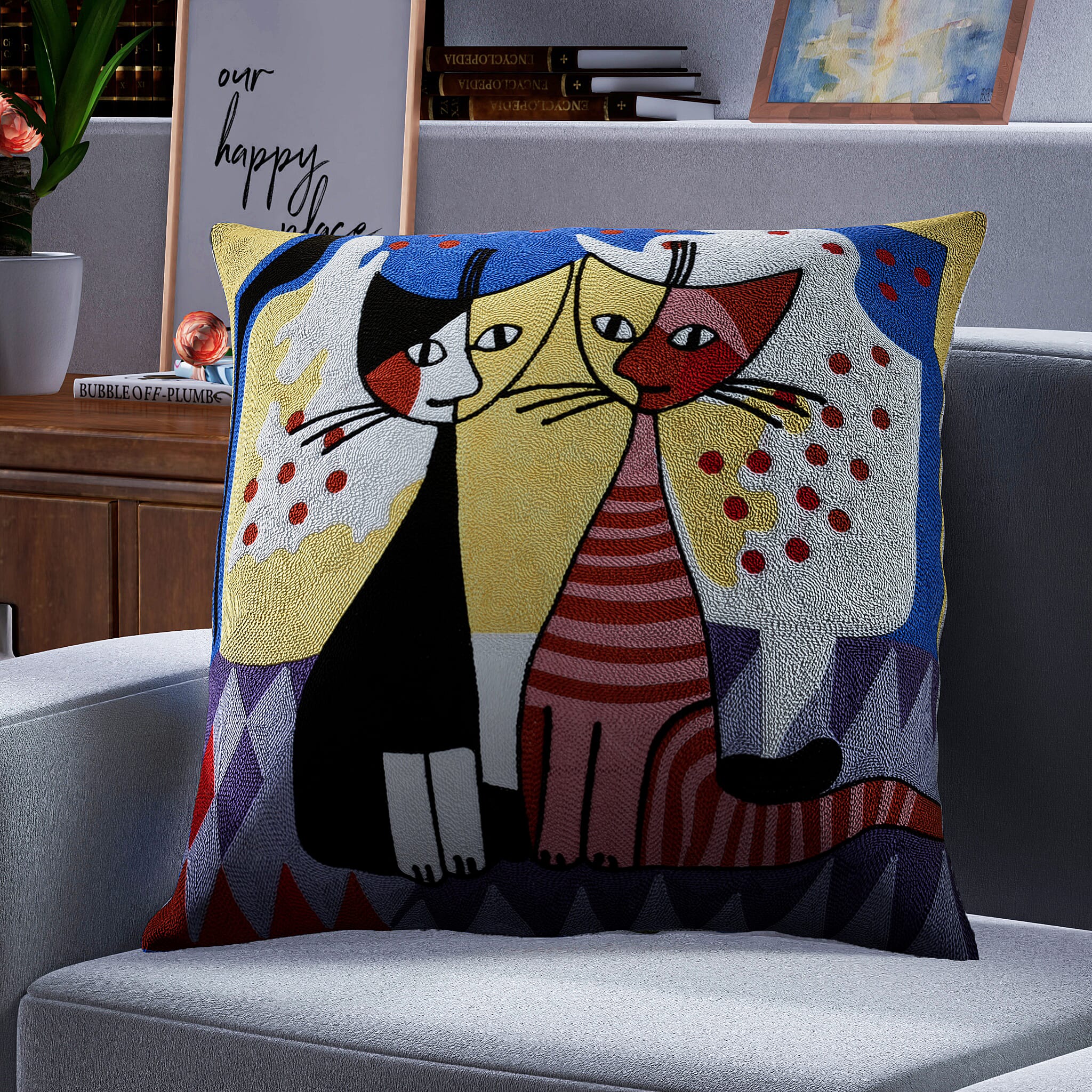 100% Cotton Fully Embroidered Two Cats Cushion Cover with Zipper Closure (Size 45 cm) - Yellow & Multi