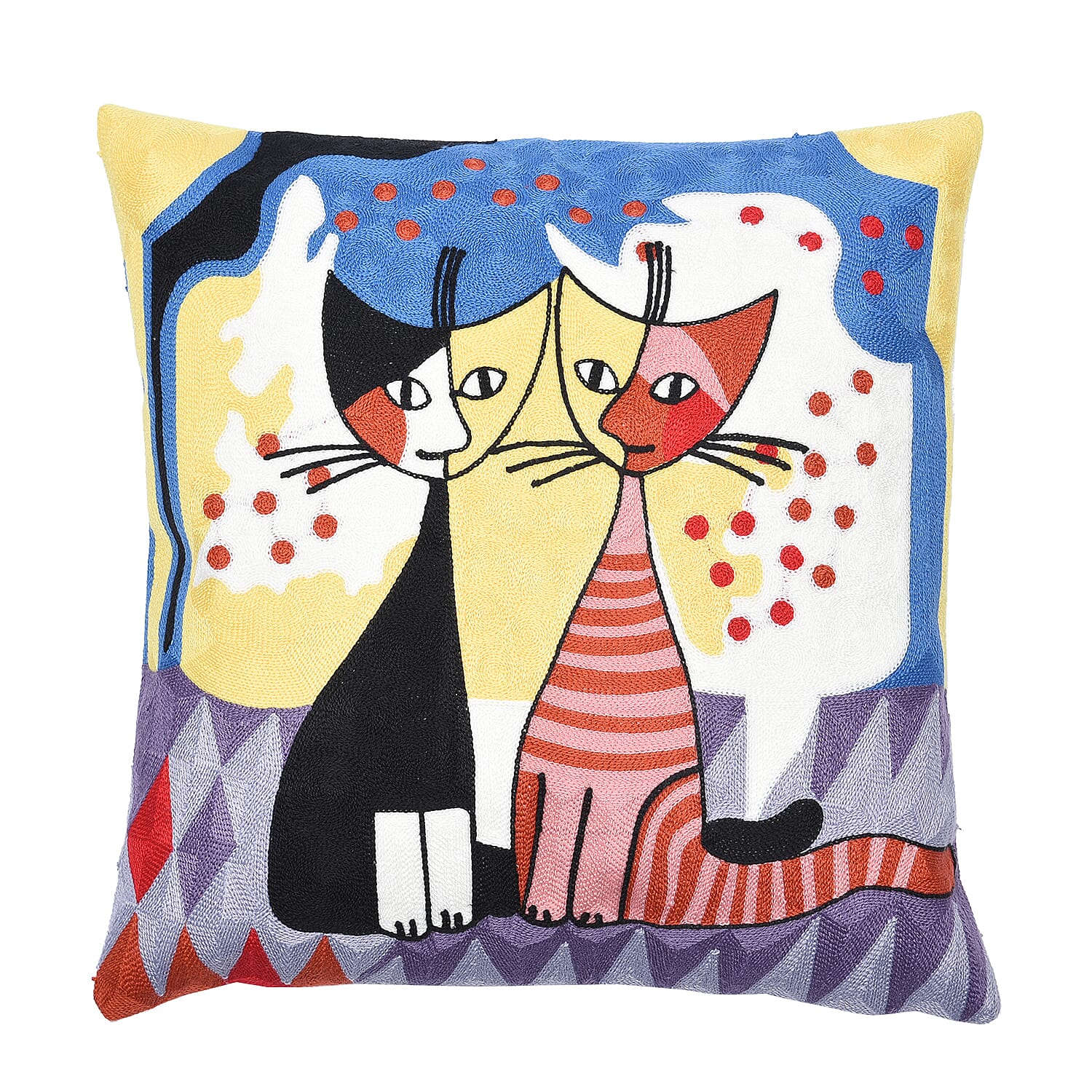 100% Cotton Fully Embroidered Two Cats Cushion Cover with Zipper Closure (Size 45 cm) - Yellow & Multi