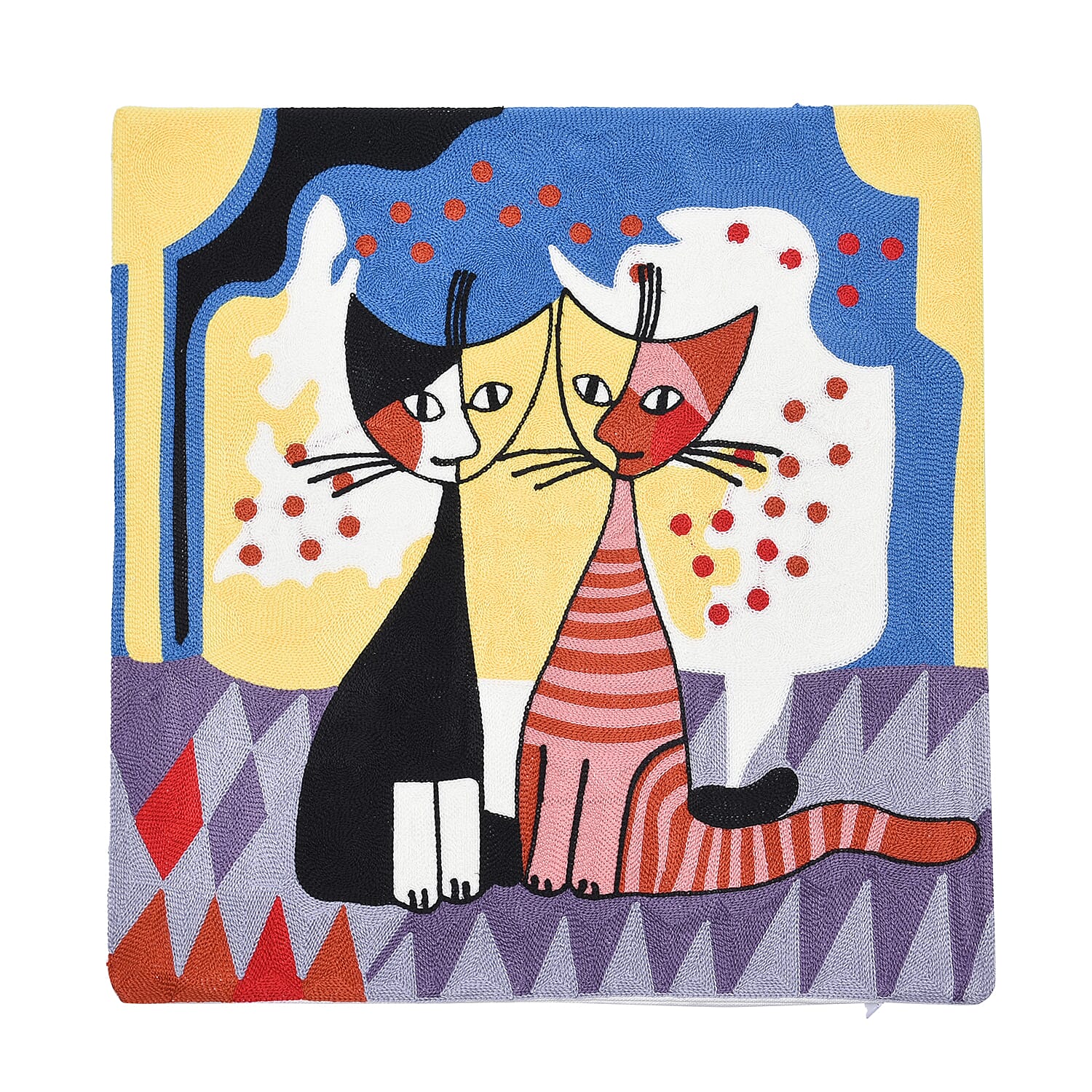 100% Cotton Fully Embroidered Two Cats Cushion Cover with Zipper Closure (Size 45 cm) - Yellow & Multi
