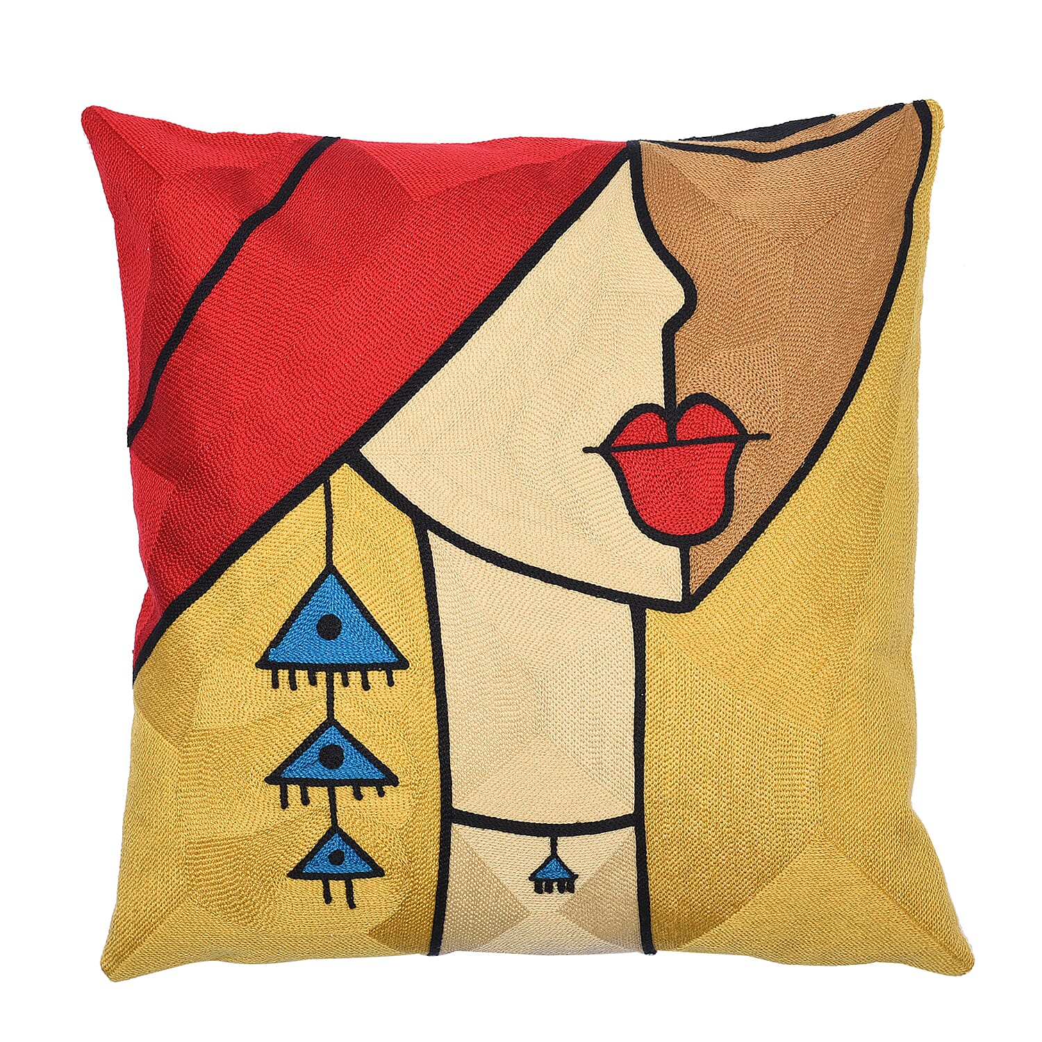 100% Cotton Fully Embroidered Lady Cushion Cover with Zipper Closure (Size 45 cm) - Mustard & Red