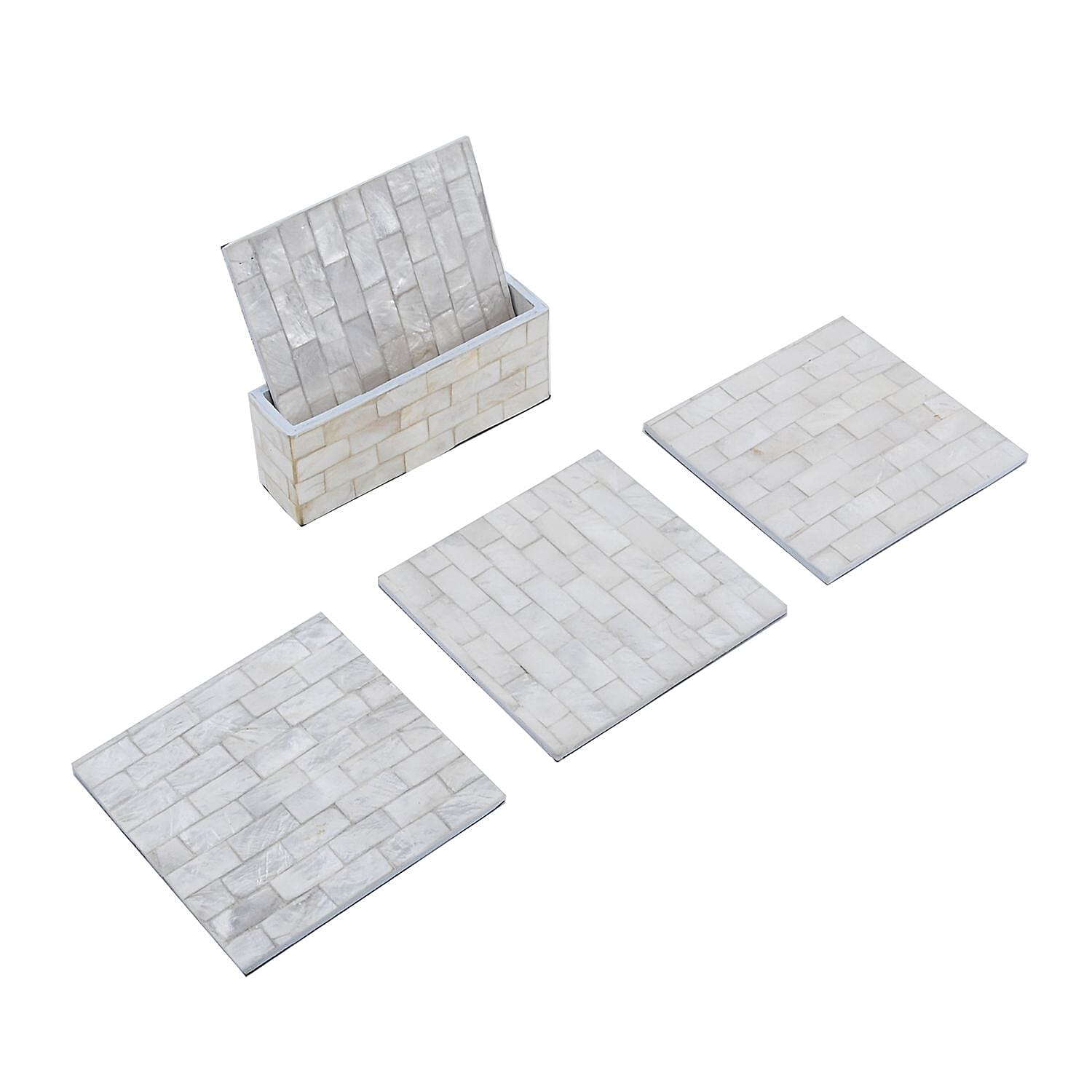 Set of 4 Square Shell Coaster with Holder - White