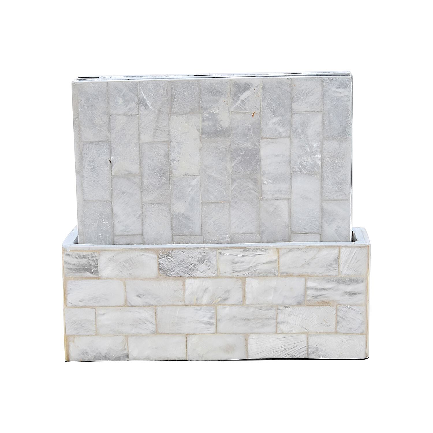 Set of 4 Square Shell Coaster with Holder - White