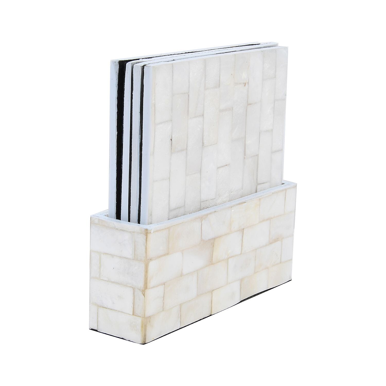 Set of 4 Square Shell Coaster with Holder - White