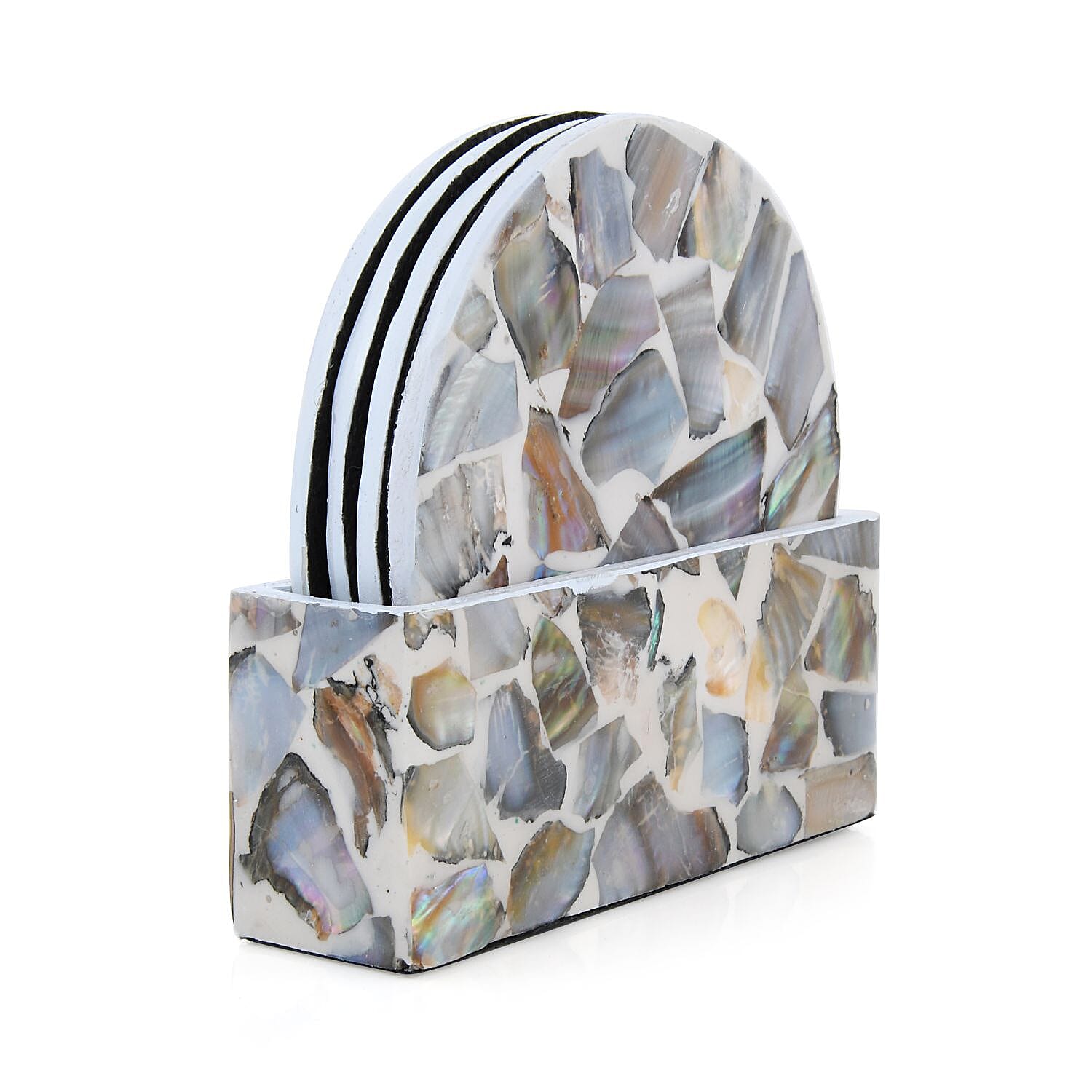 Set of 4 Capiz Shell Round Coaster with Holder - Cream