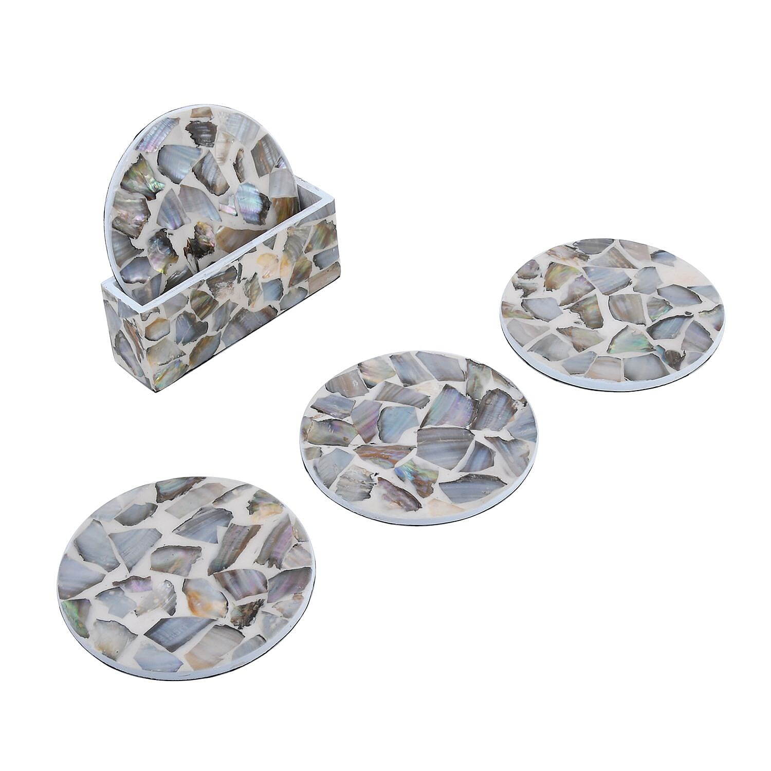 Set of 4 Capiz Shell Round Coaster with Holder - Cream