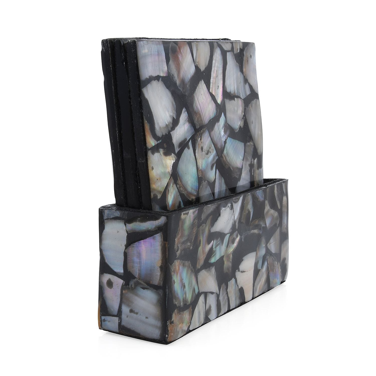 Set of 4 Capiz Shell Square Coasters with Holder - Black