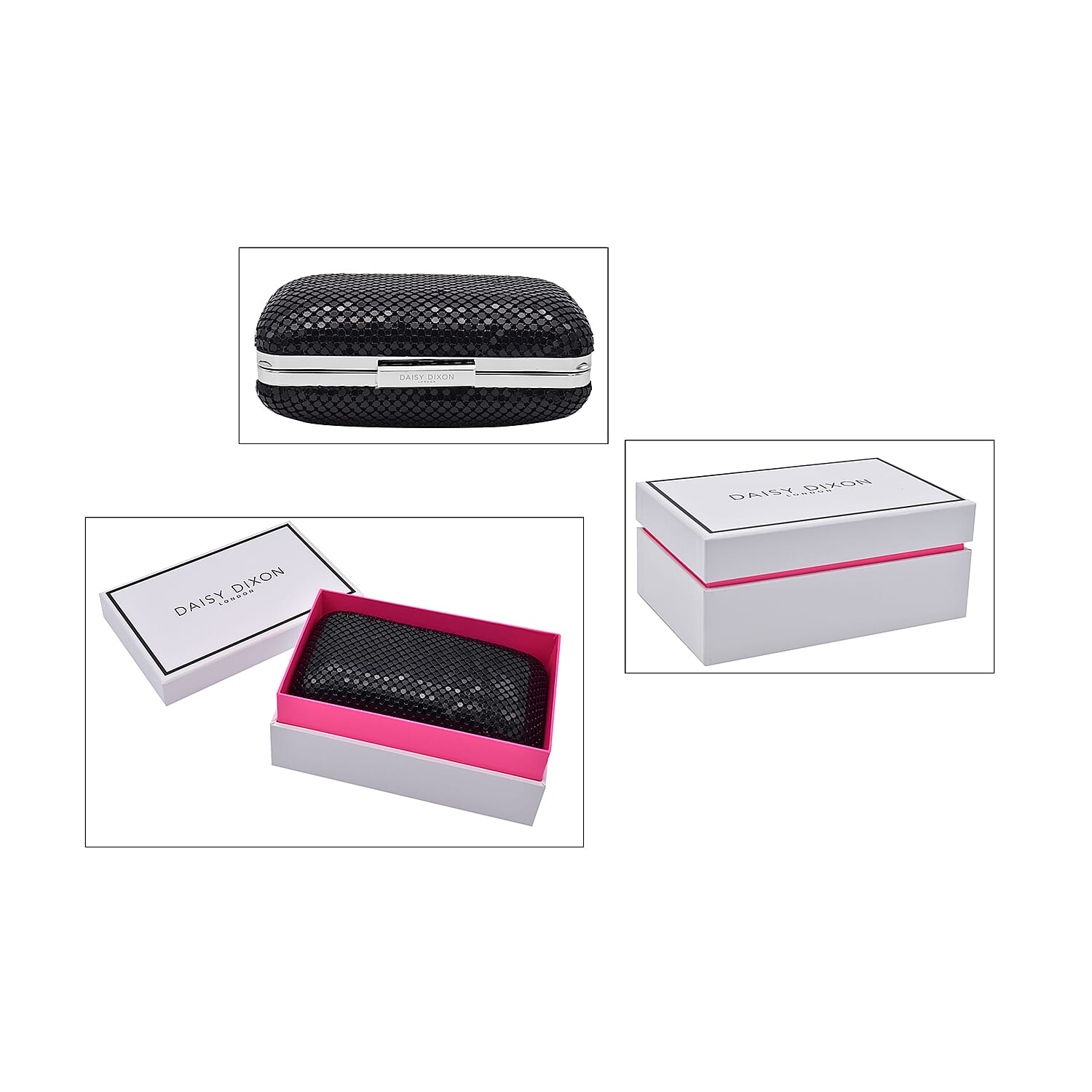 Daisy Dixon Ladies Silver and Rose Gold Bracelet Watch with Mother of Pearl Dial and Stone Studded Hearts With Black Clutch Bag