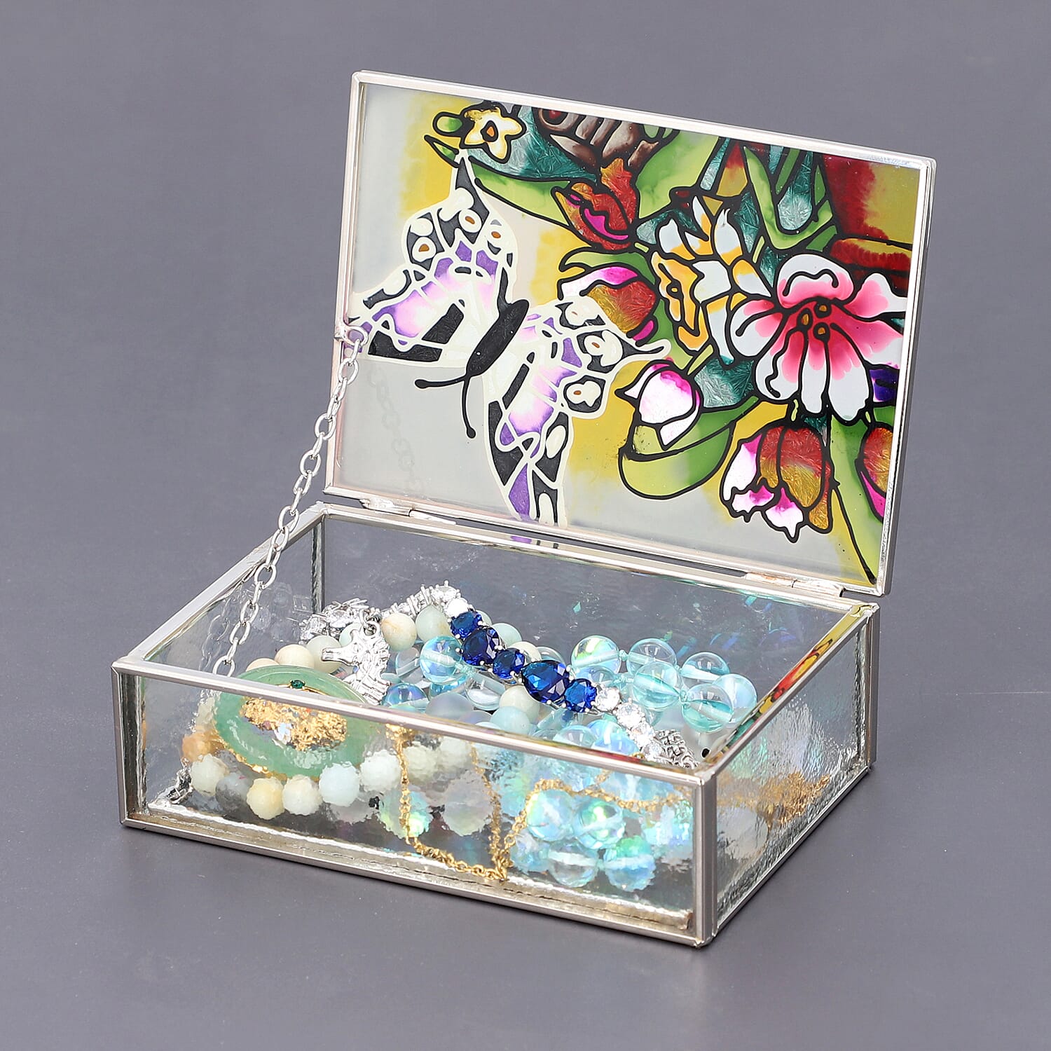 Hand Painted Butterfly & Floral Rectangular Glass Trinket Box (Size 13x9x4Cm) - Purple & Multi