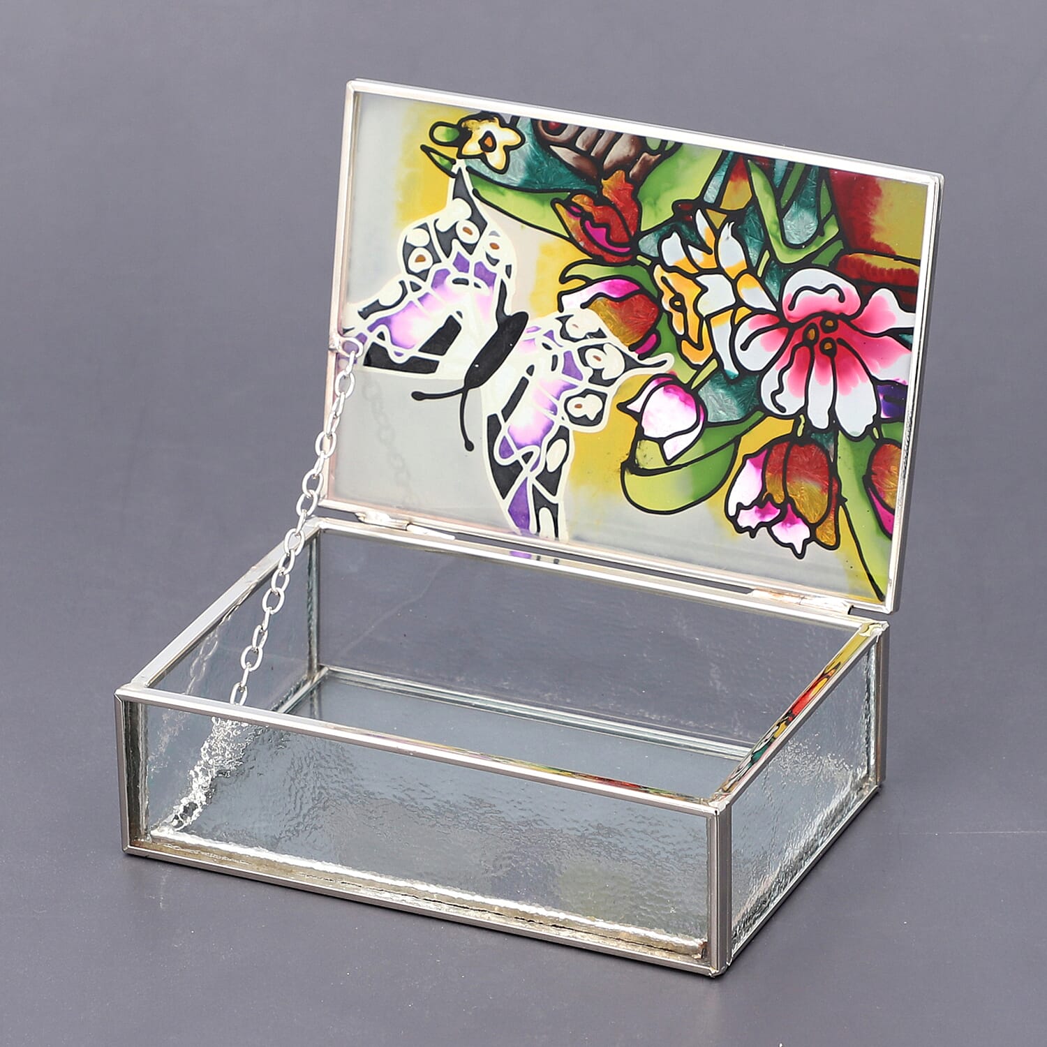 Hand Painted Butterfly & Floral Rectangular Glass Trinket Box (Size 13x9x4Cm) - Purple & Multi