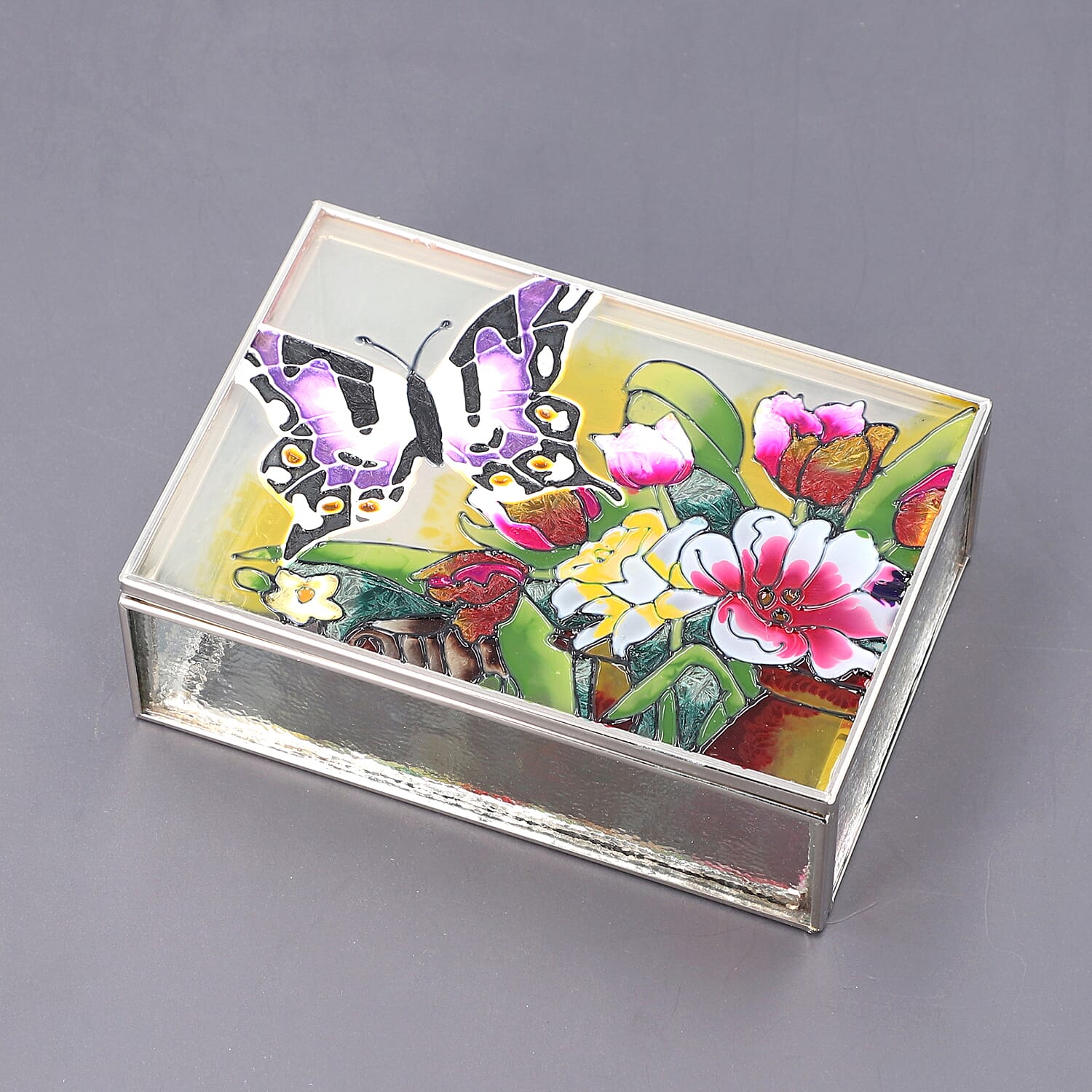 Hand Painted Butterfly & Floral Rectangular Glass Trinket Box (Size 13x9x4Cm) - Purple & Multi