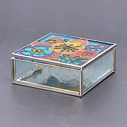 Hand Painted Floral Square Glass Trinket Box (Size 10.5x10.5x4 Cm) - Blue & Multi