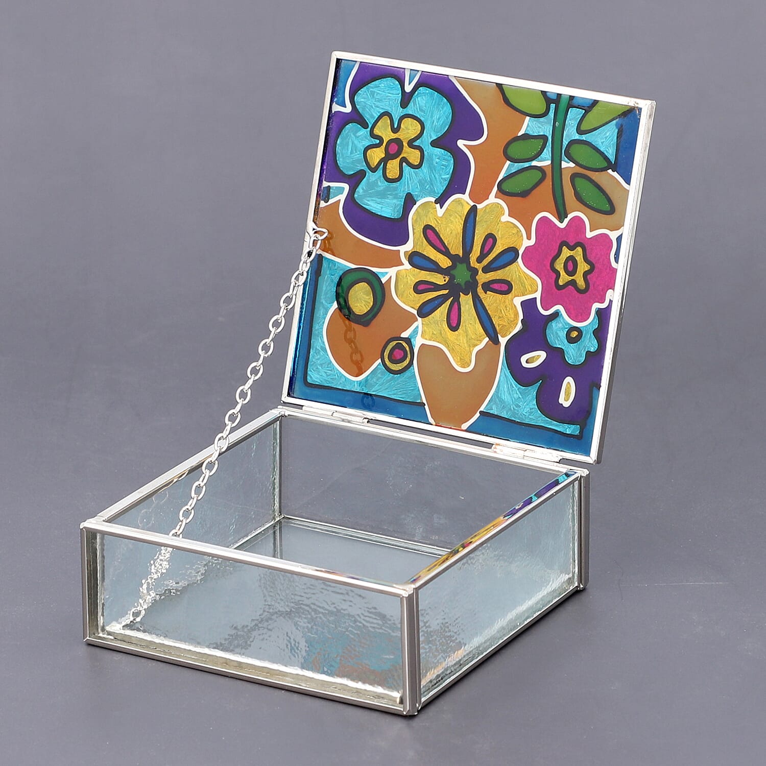 Hand Painted Floral Square Glass Trinket Box (Size 10.5x10.5x4 Cm) - Blue & Multi