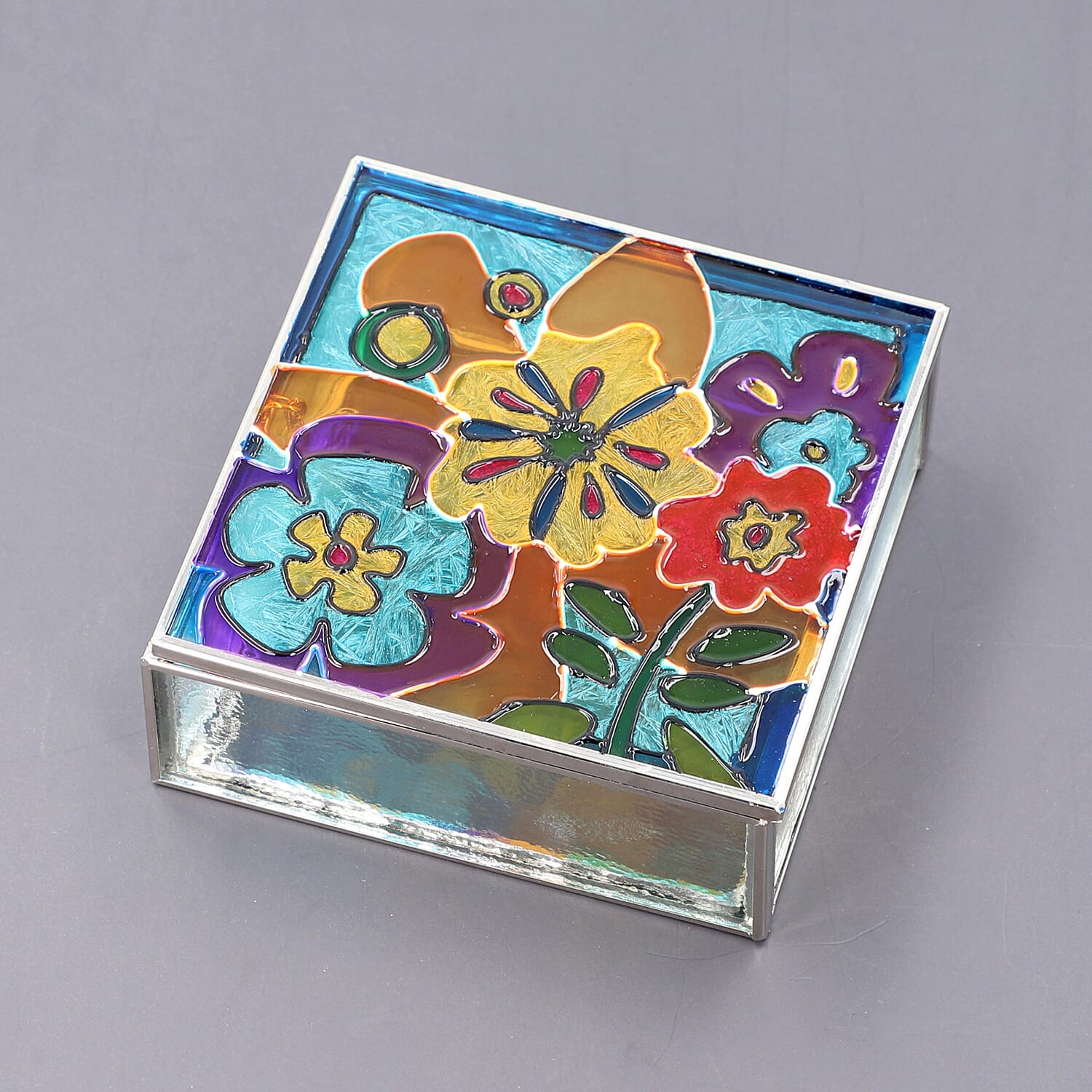 Hand Painted Floral Square Glass Trinket Box (Size 10.5x10.5x4 Cm) - Blue & Multi