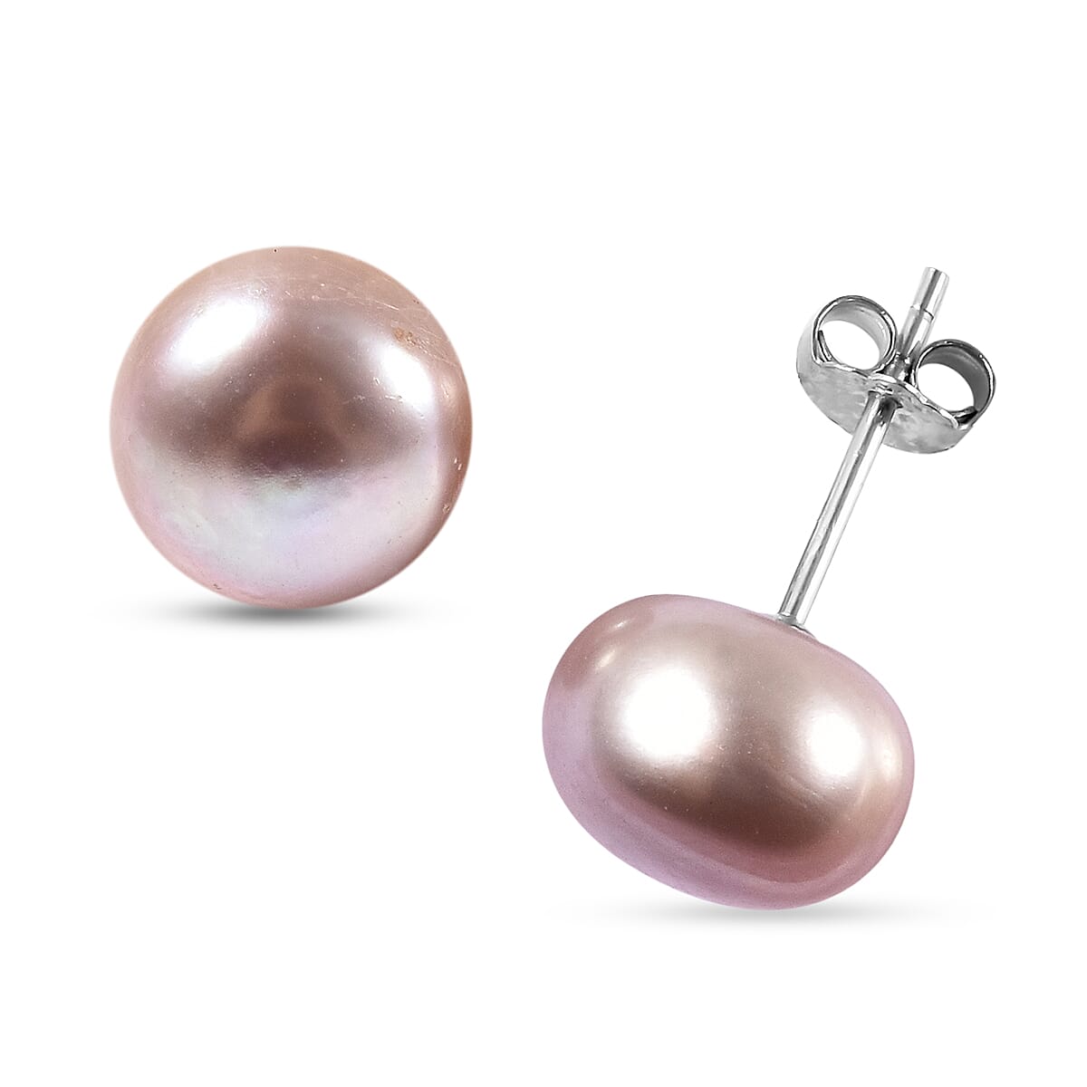 Purple Freshwater Pearl Stud Earrings in Rhodium Overlay Sterling Silver