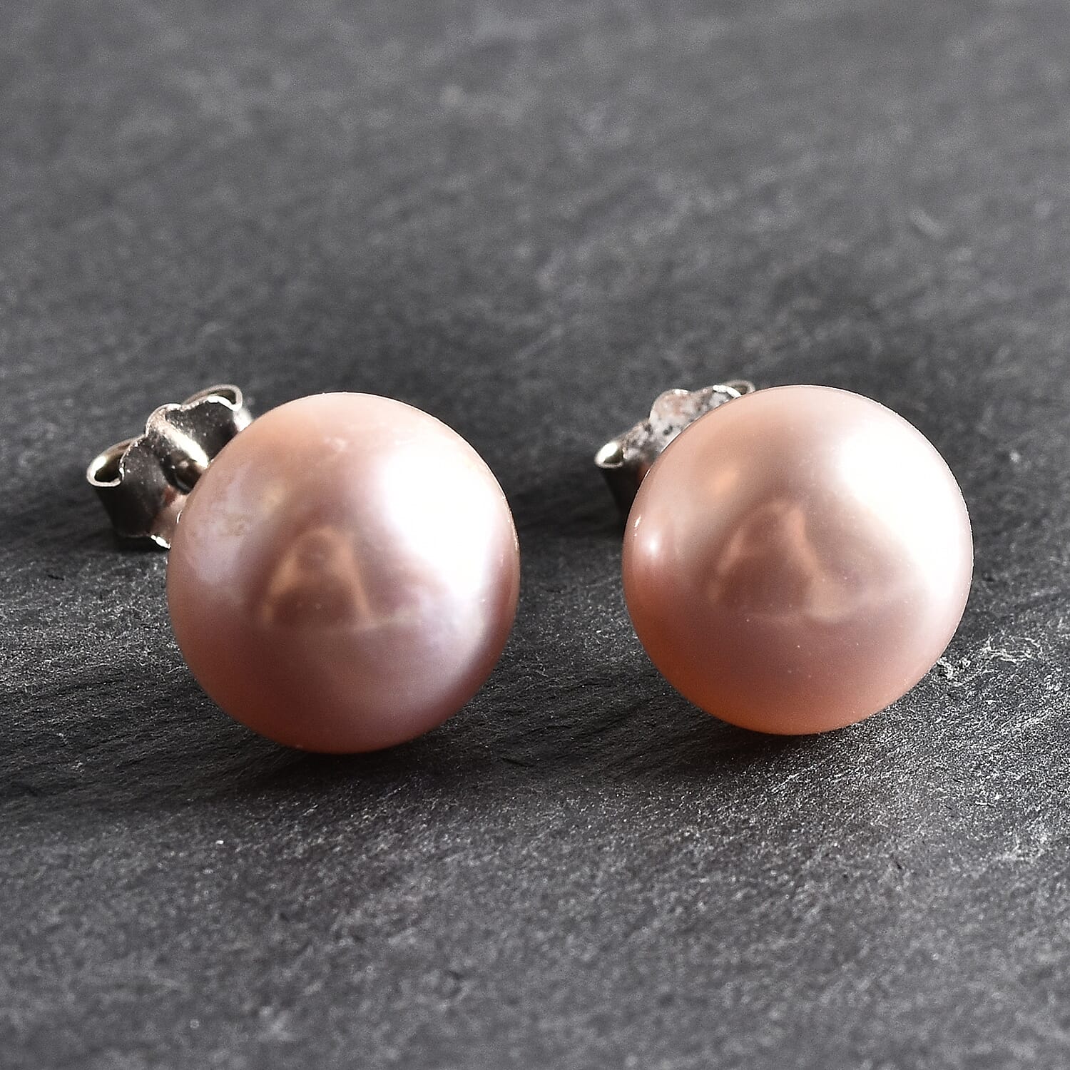 Purple Freshwater Pearl Stud Earrings in Rhodium Overlay Sterling Silver