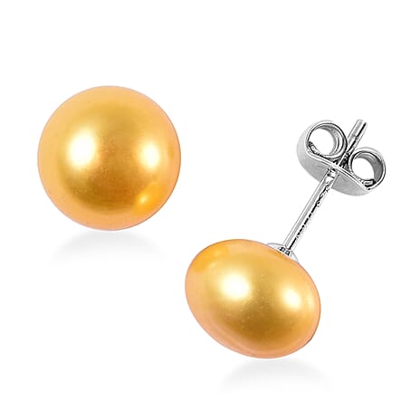 Golden Freshwater Pearl (8-10mm) Stud Earrings with Push Back in Rhodium Overlay Sterling Silver 10.50 Ct.