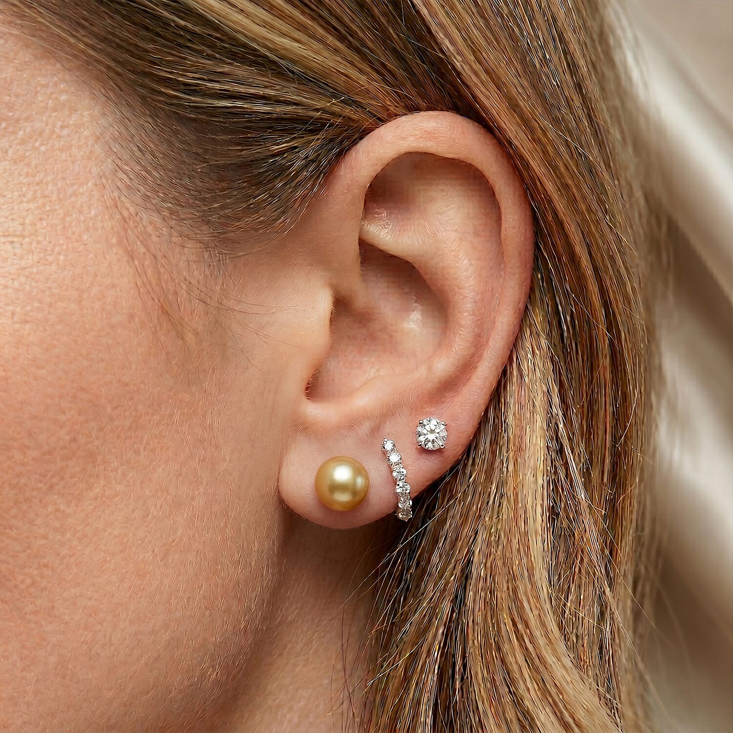 Golden Freshwater Pearl (8-10mm) Stud Earrings with Push Back in Rhodium Overlay Sterling Silver 10.50 Ct.