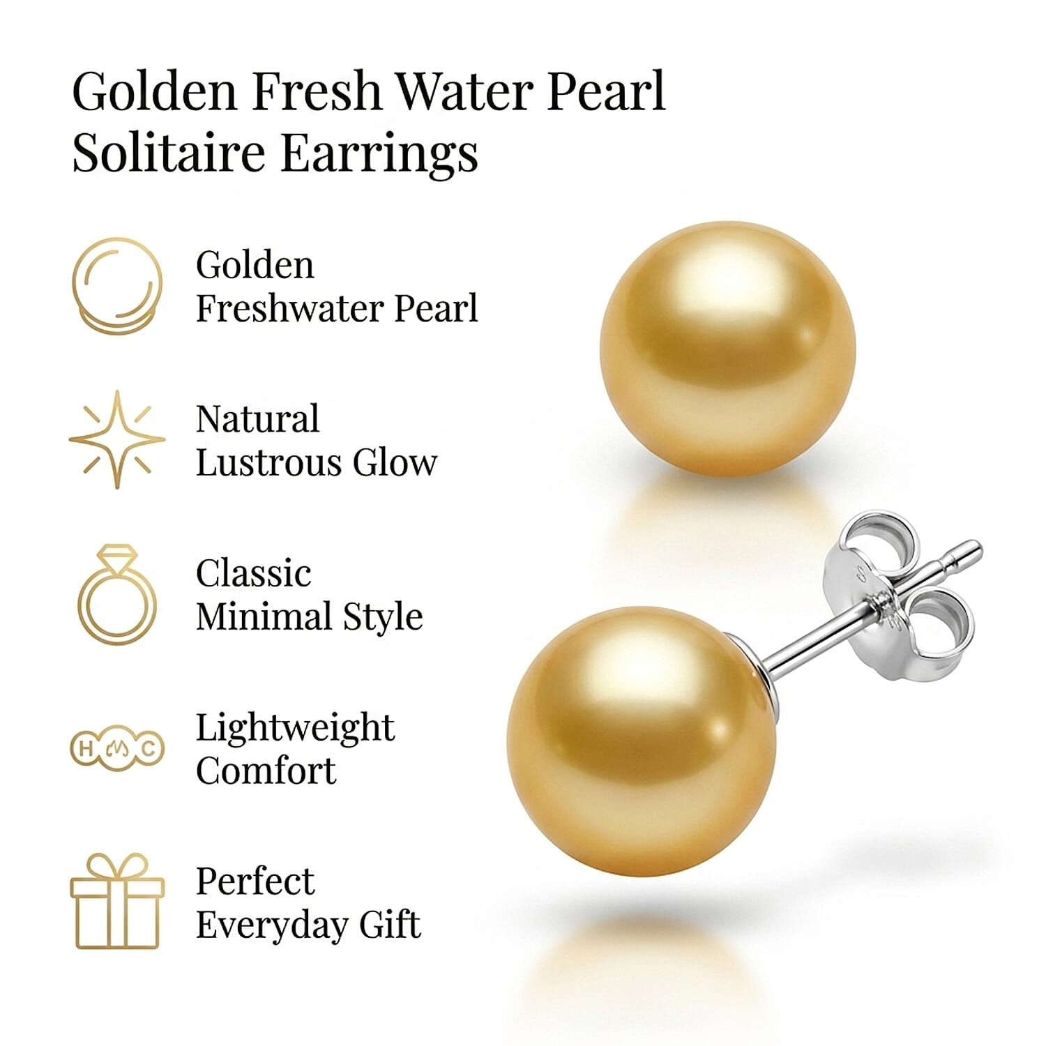 Golden Freshwater Pearl (8-10mm) Stud Earrings with Push Back in Rhodium Overlay Sterling Silver 10.50 Ct.