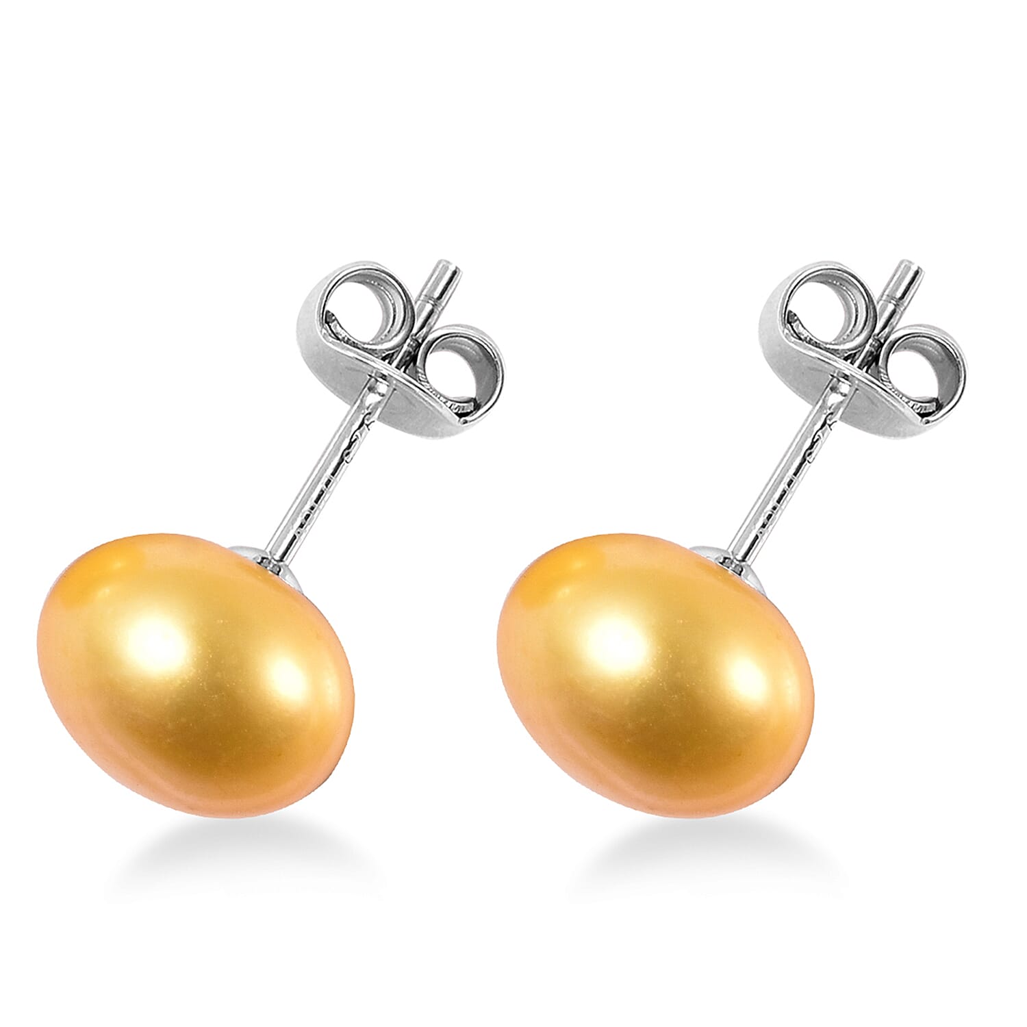 Golden Freshwater Pearl (8-10mm) Stud Earrings with Push Back in Rhodium Overlay Sterling Silver 10.50 Ct.