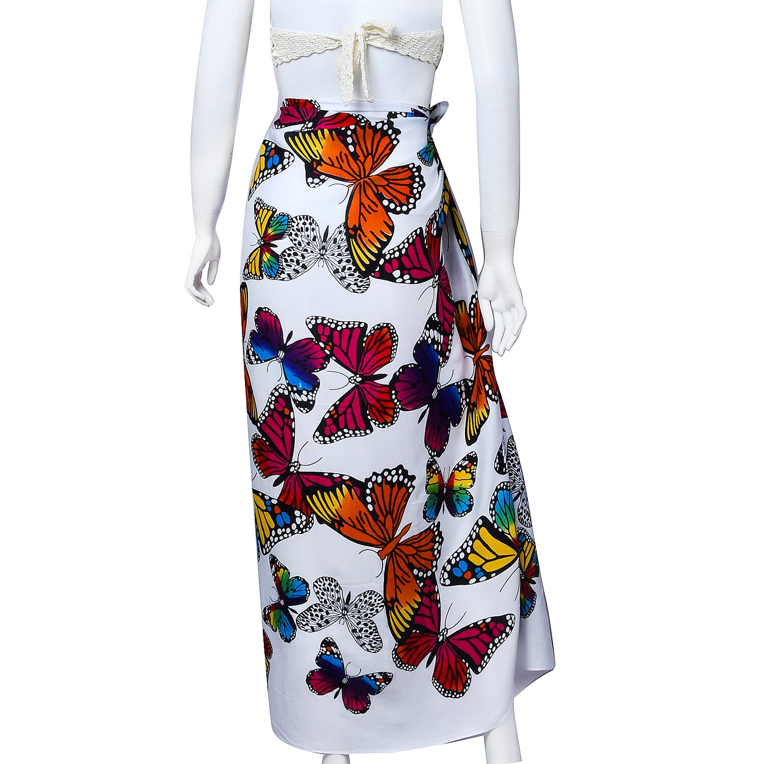 Butterfly Pattern Sarong (Size-160x105Cm) - White, Red and Pink