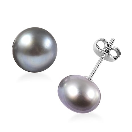 Silver Grey Freshwater Pearl (9-11mm) Stud Earrings with Push Back in Rhodium Overlay Sterling Silver 9.80 Ct.