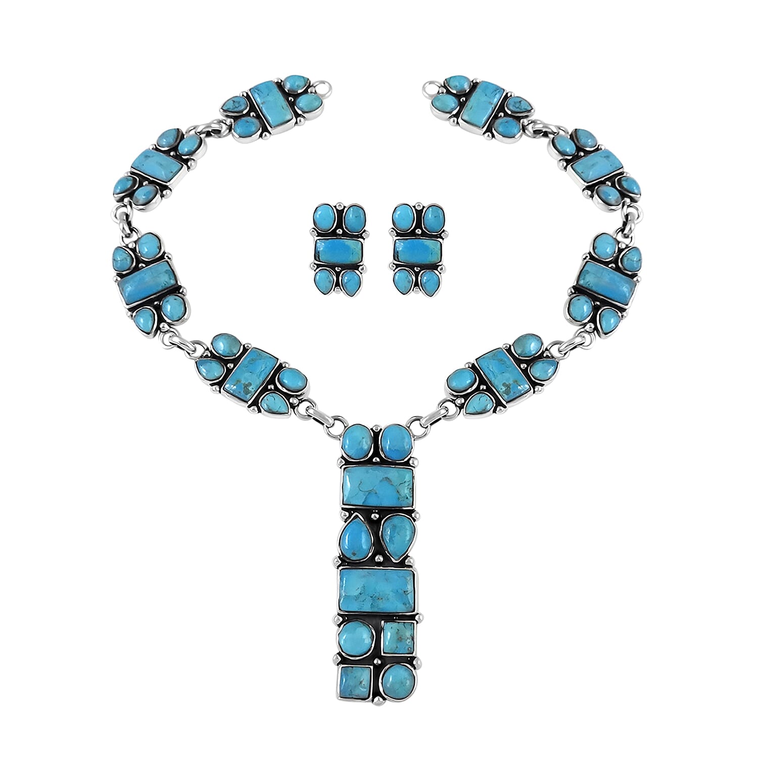 Santa Fe Collection - 2 Piece Set Artisan Crafted Turquoise Necklace (Size 18-2 Inch Ext.) and Earrings in Rhodium Overlay Sterling Silver