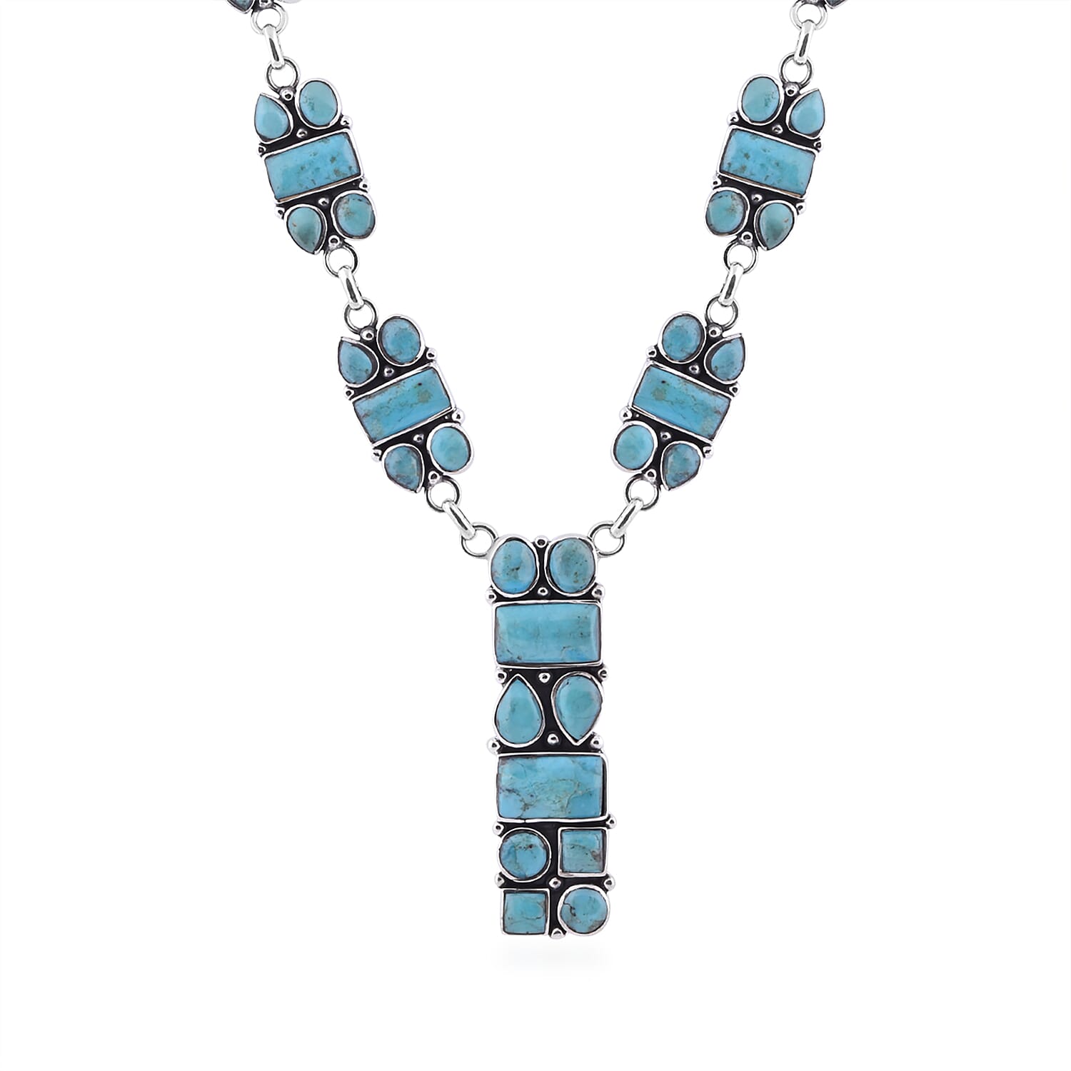 Santa Fe Collection - 2 Piece Set Artisan Crafted Turquoise Necklace (Size 18-2 Inch Ext.) and Earrings in Rhodium Overlay Sterling Silver